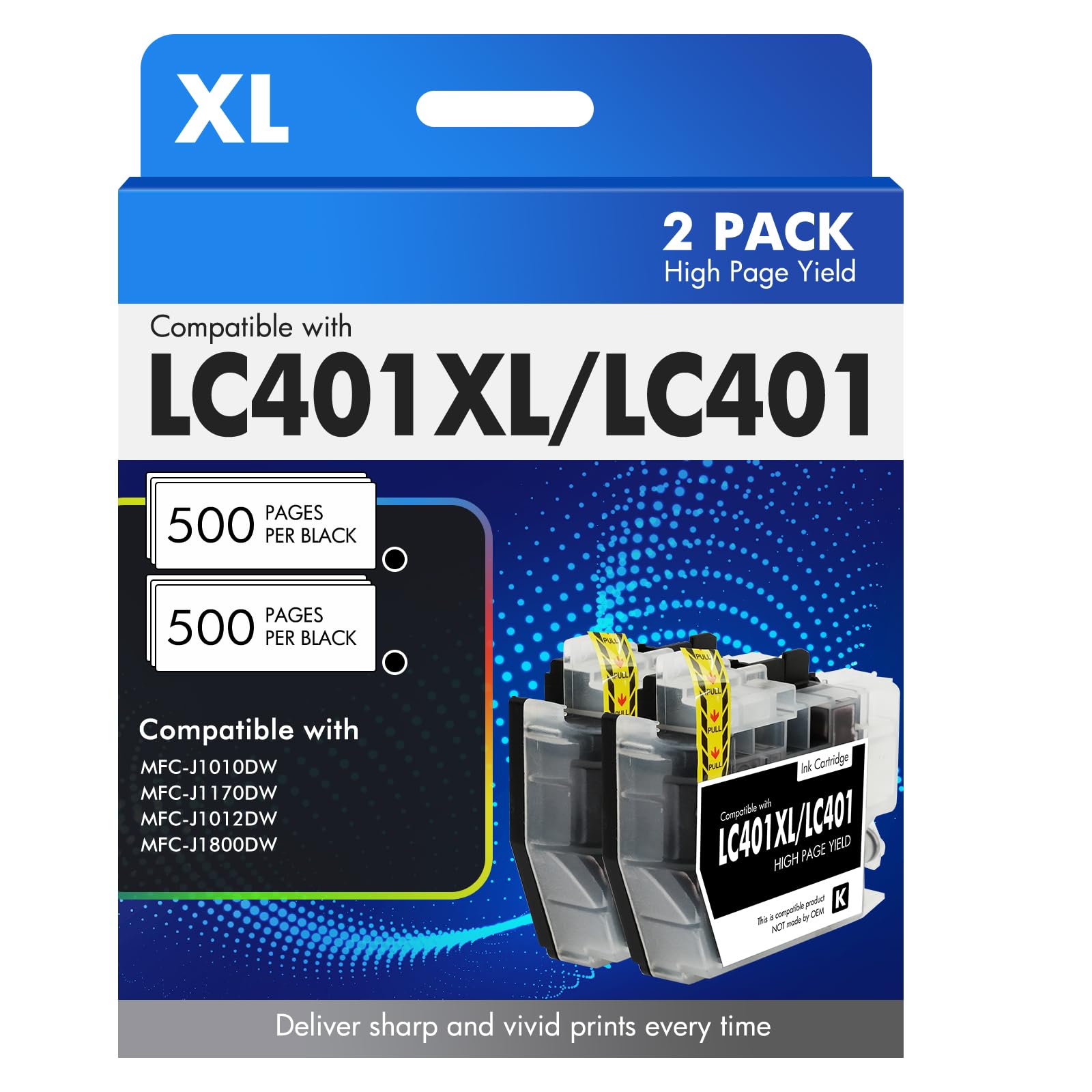 LC401XL LC401 MFC-J1010DW Black Ink Cartridges Compatible for Brother LC 401 XL MFC-J1010DW MFC-J1170DW MFC-J1012DW MFC-J1800DW MFC J1010DW Printer (High Yield, 2 Pack)