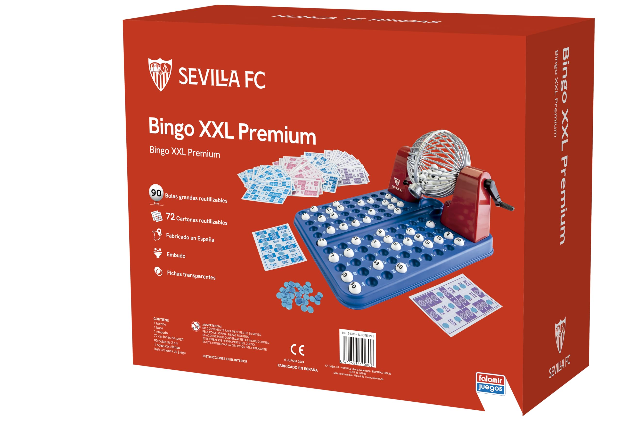 Falomir Bingo XXL Sevilla CF Premium mit automatischer Trommel und unheimlichen Bällen, ab 8 Jahren, Spaß für die ganze Familie, 48 Karten