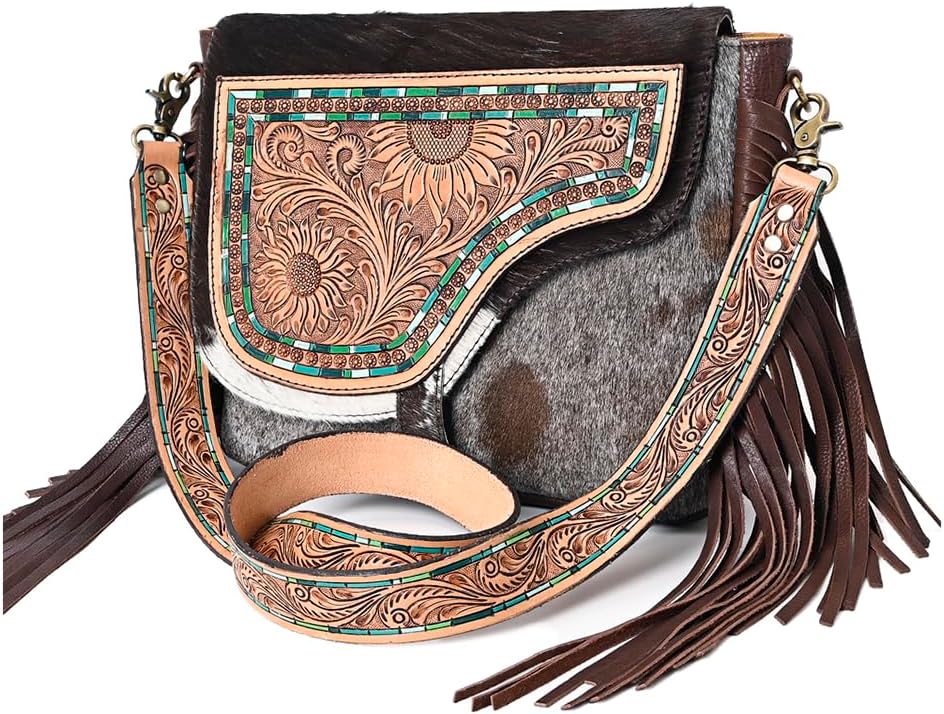 American Darling Messenger Hair on Hand Tooled Genuine Leather Western Women Bag Handbag Purse | Cute