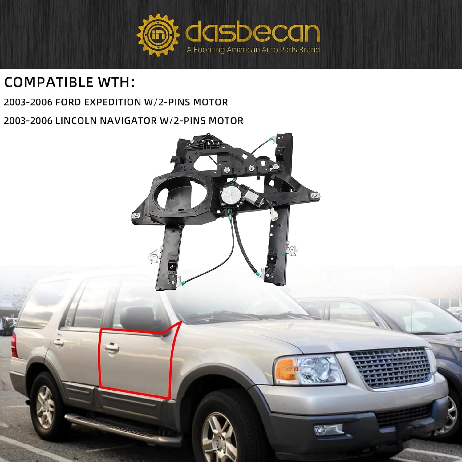 Dasbecan Front Right Passenger Side Window Regulator with 2-Pin Motor Compatible with Ford Expedition Lincoln Navigator 2003-2006 Replaces 741-179 6L1Z7823208AA