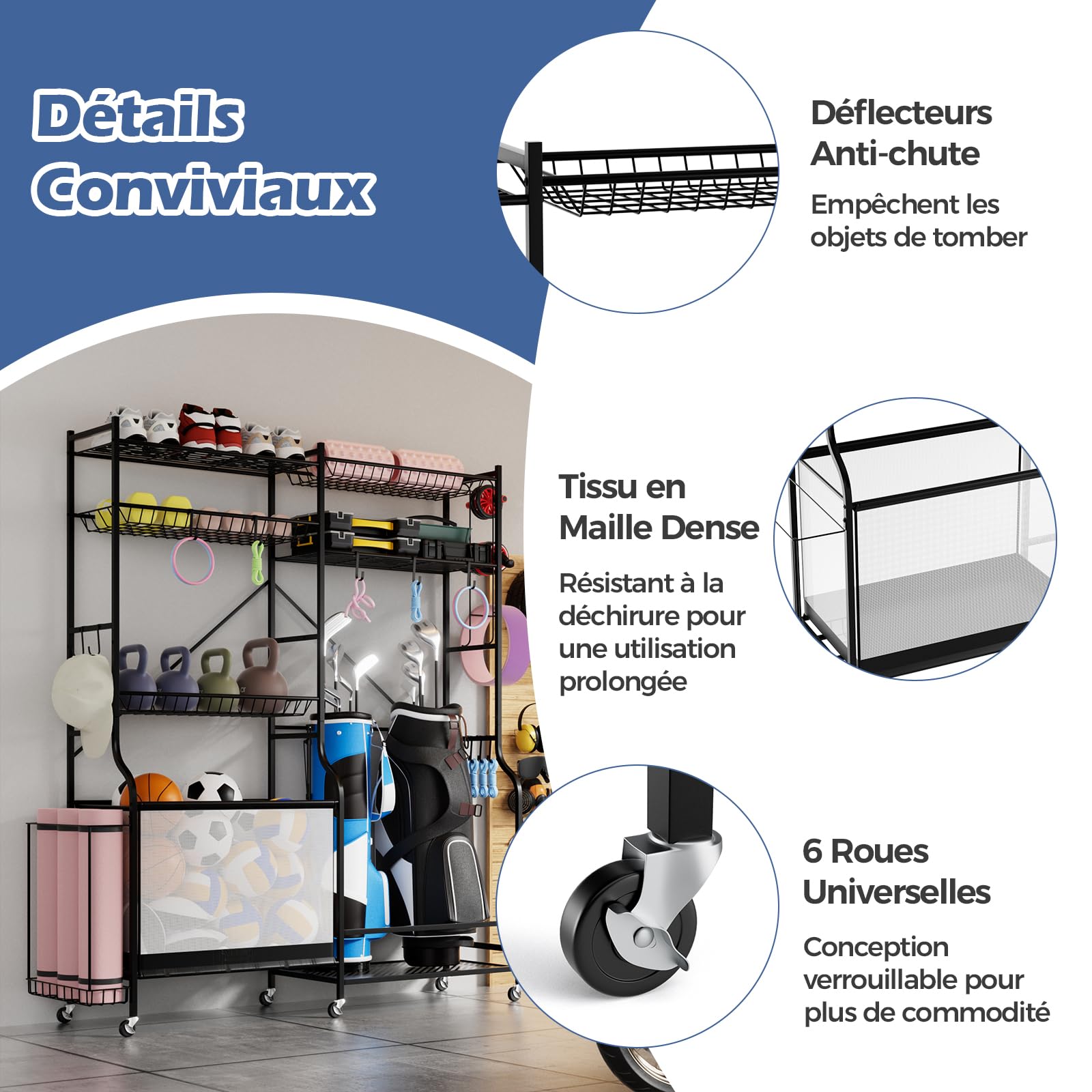 GOPLUS Organizador de Equipo Deportivo con 6 Ruedas, Estante de Almacenamiento de Metal para Pelotas, Mancuernas, Yoga Esterilla, Bolas y Bolsas de Golf, 5 Estantes Ajustables y 13 Ganchos Extraíbles