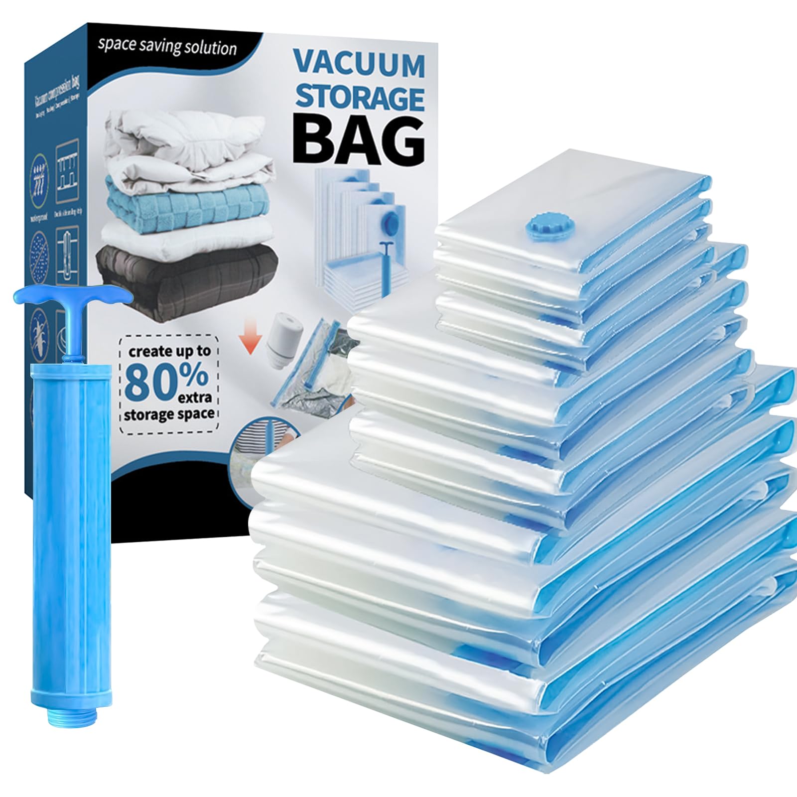 Yakiter Vacuum Storage Bags, 20 Pack Vacuum Storage Bags with Hand Pump(4 Jumbo+5 Large+5 Medium+6 Small) Reusable Compression Bags for Home and Travel