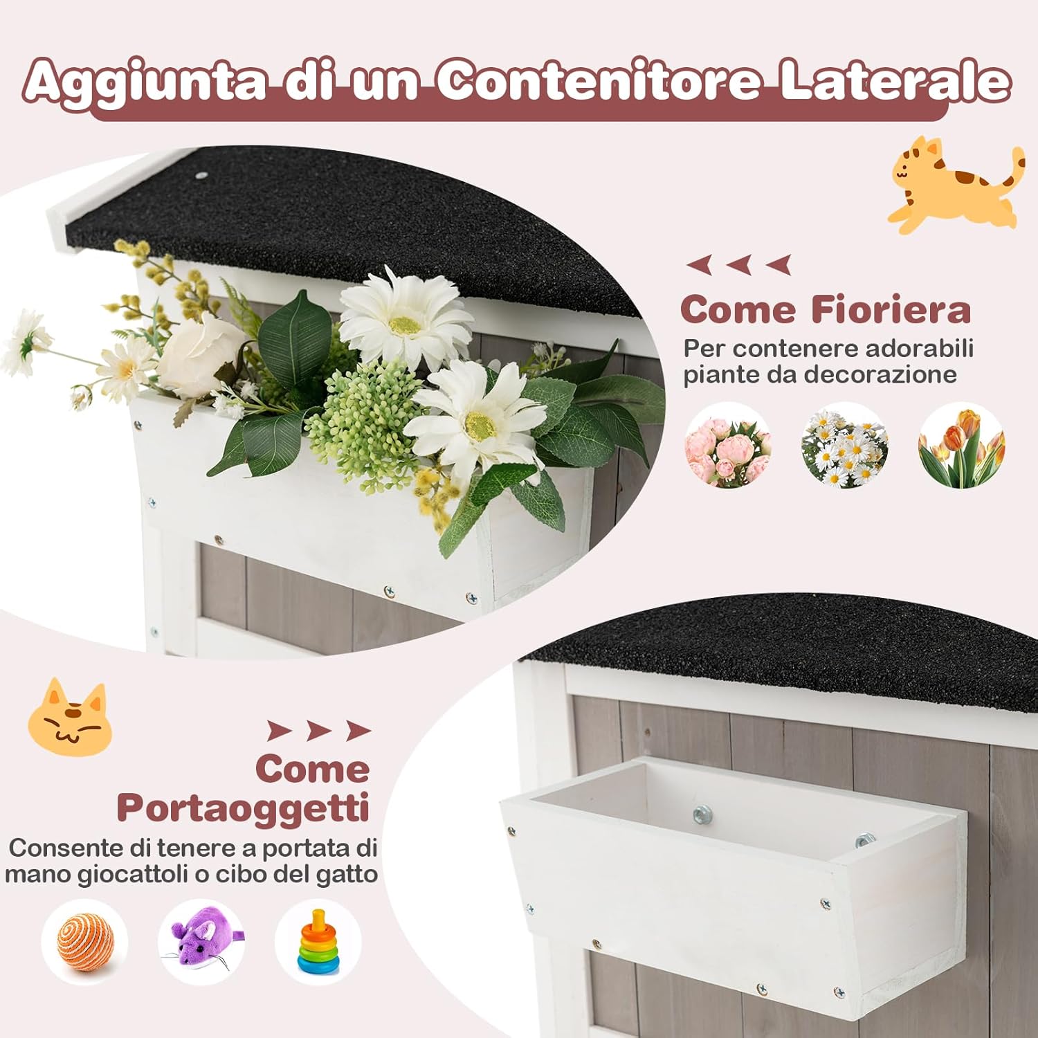 Diagrama que mostra el contenidor lateral de la caseta per a gats GYMAX utilitzat com a jardinera o emmagatzematge de joguines/menjar per a gats.