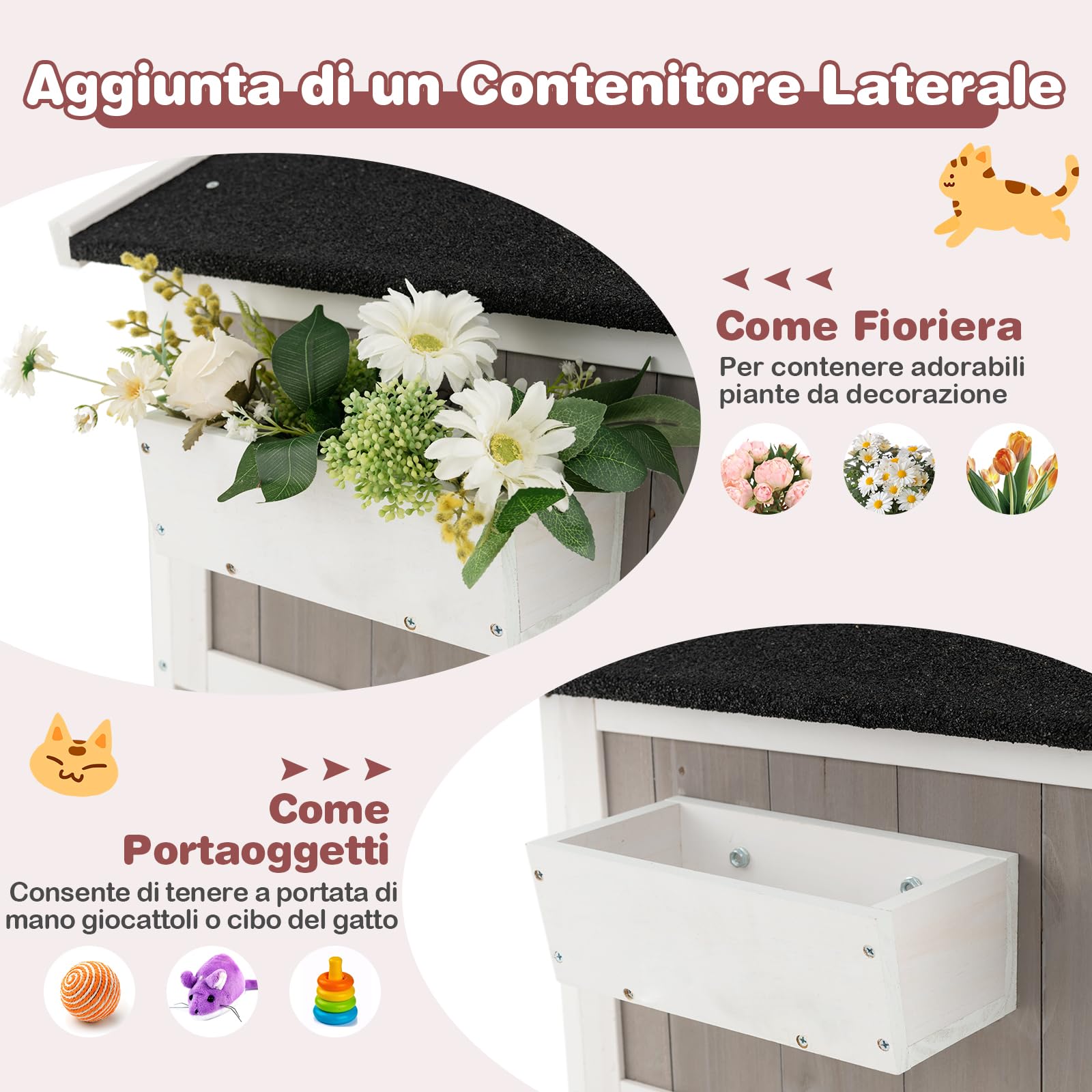 GYMAX Casa per Gatti a 2 Piani, 100 x 64 x 82,5 cm, Casetta Villa Rifugio in Legno con Tetti in Asfalto, Porte di Fuga, Tende e Finestra, per Animali Domestici per Interni ed Esterni, Grigio