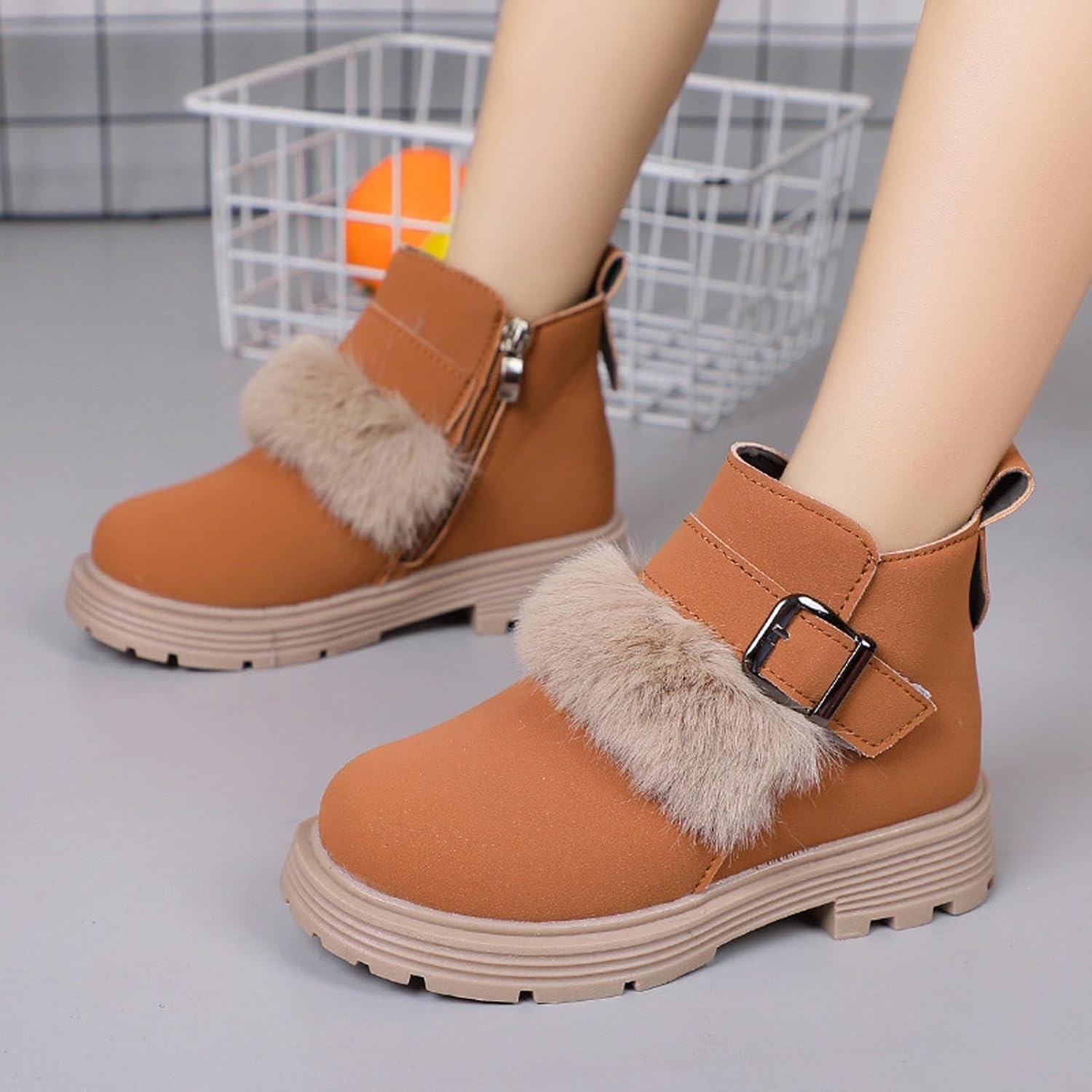 Girls Snow Ankle Boots Suede Buckle Fuzzy Lining Short Boots Winter Warm Flat Non Slip Booties with Side Zipper