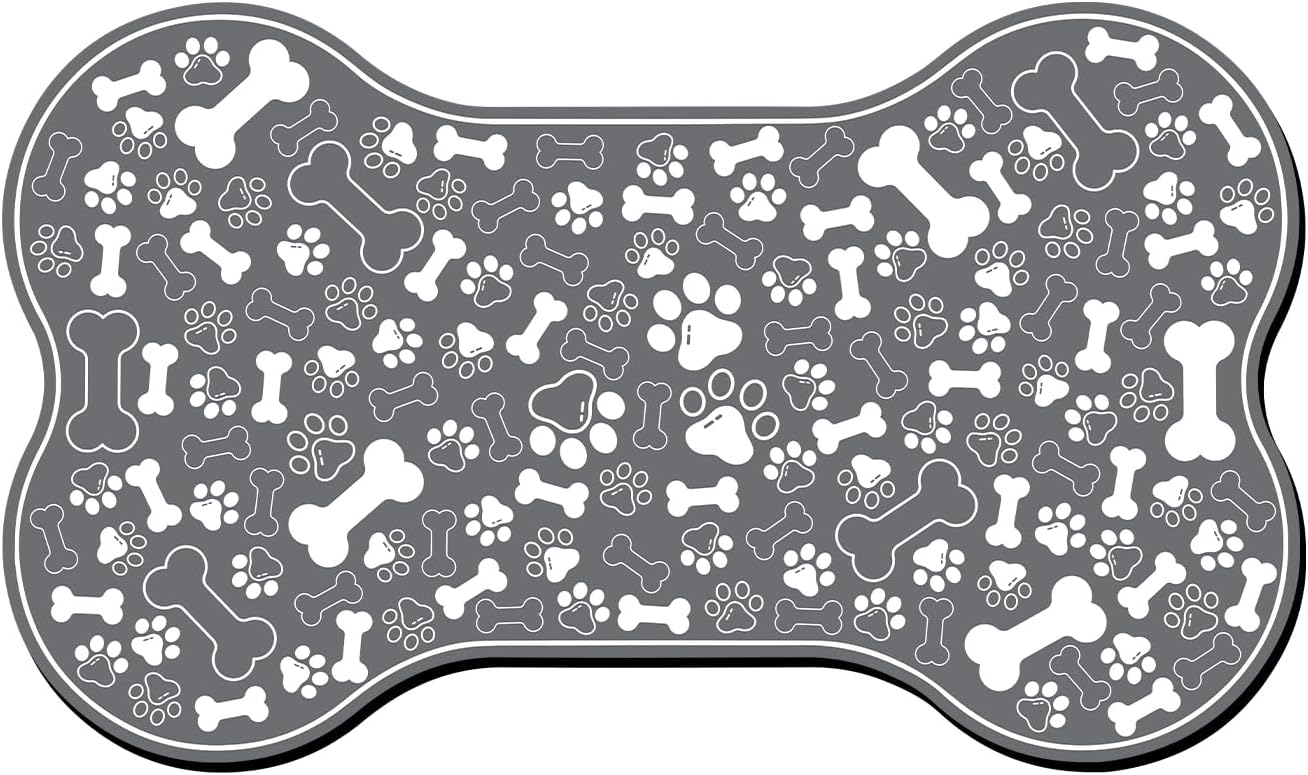Dog & Cat Food Mat Bone Shaped Pet Feeding Mat Quick Absorb Water Bowl Placemat with Rubber Backing Indoor Floor Stain Resistant Pet Accessory Supplies (Dark Gray, 17x29 Inches)
