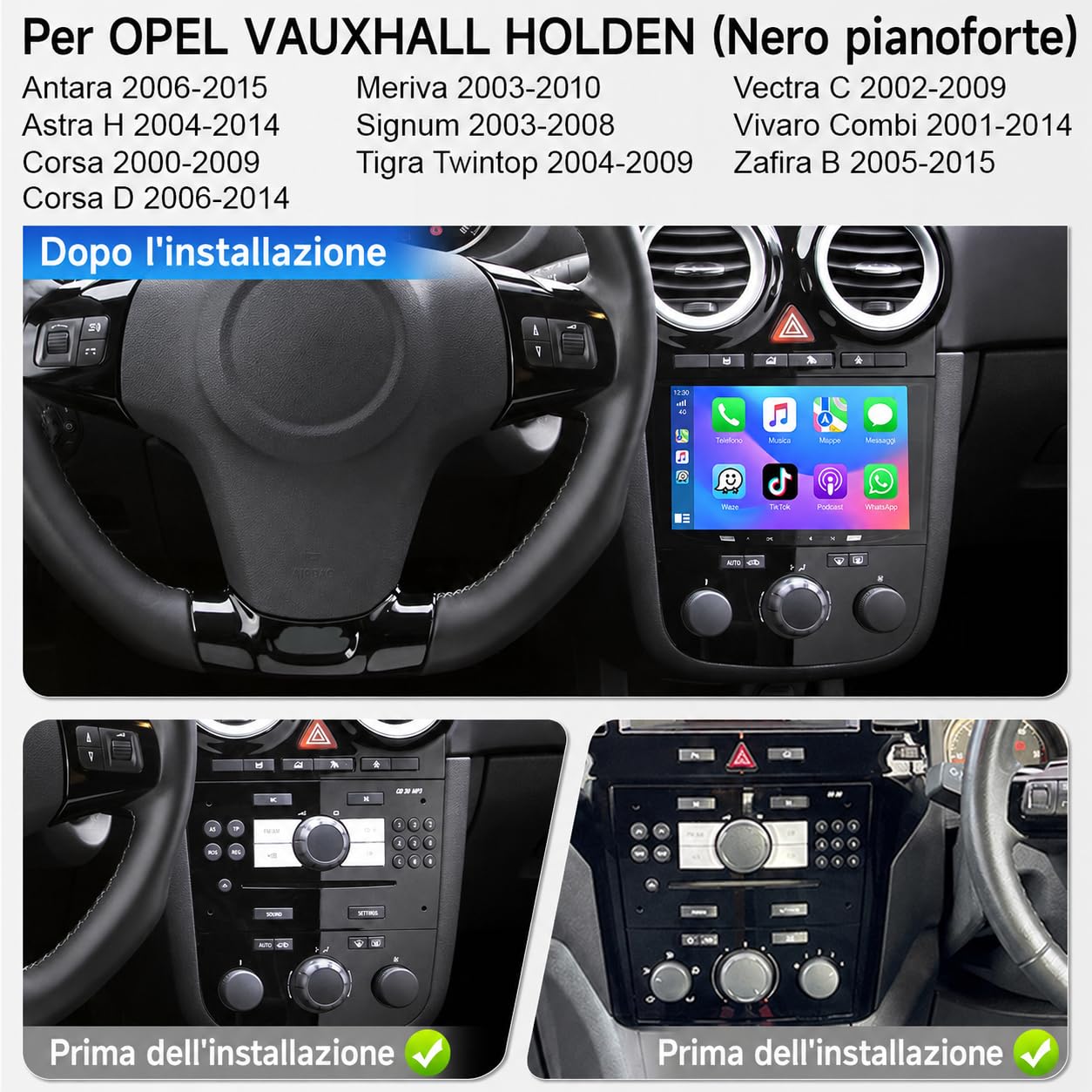 Autoradio Android 15 4+64GB per Opel Corsa D Astra Zafira Vivaro 2004–2011, 8" Touchscreen HD, 8 core, Split Screen, Wireless Carplay Android Auto, Bluetooth, GPS, DSP, WiFi, Stereo (Nero)