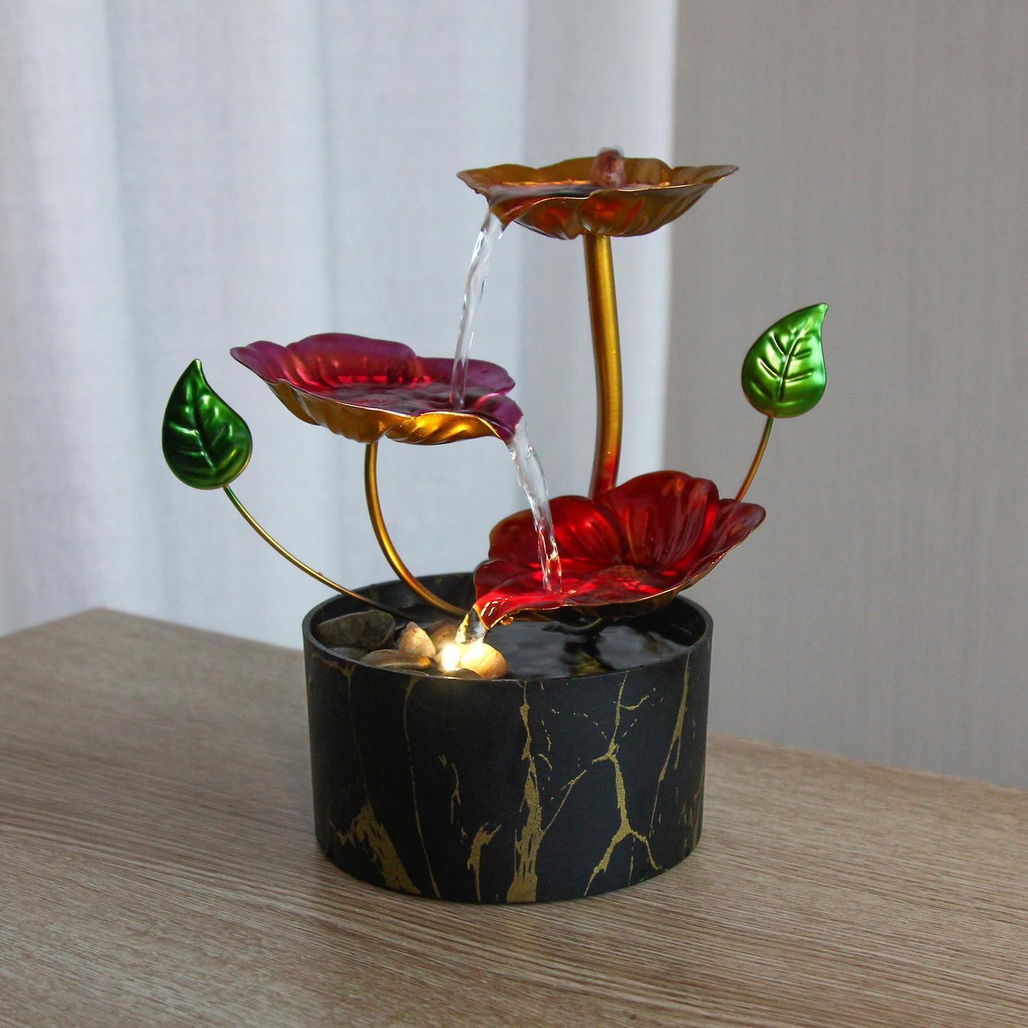 Desk Fountain Indoor Waterfall Fountain Flowers Themed 3-Tier Tabletop Fountain Home Decor Soothing Sound Machine(Galsang)