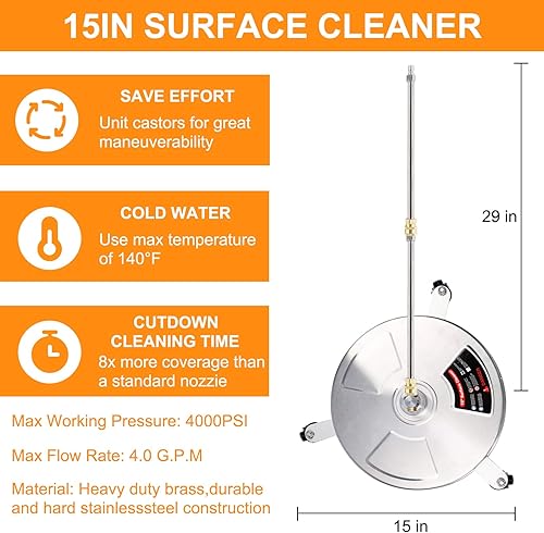 Miniatura 2 de Limpiador de superficies de hidrolavadora de 15 pulgadas con 4 ruedas, accesorio de lavadora eléctrica de acero inoxidable para limpieza de
