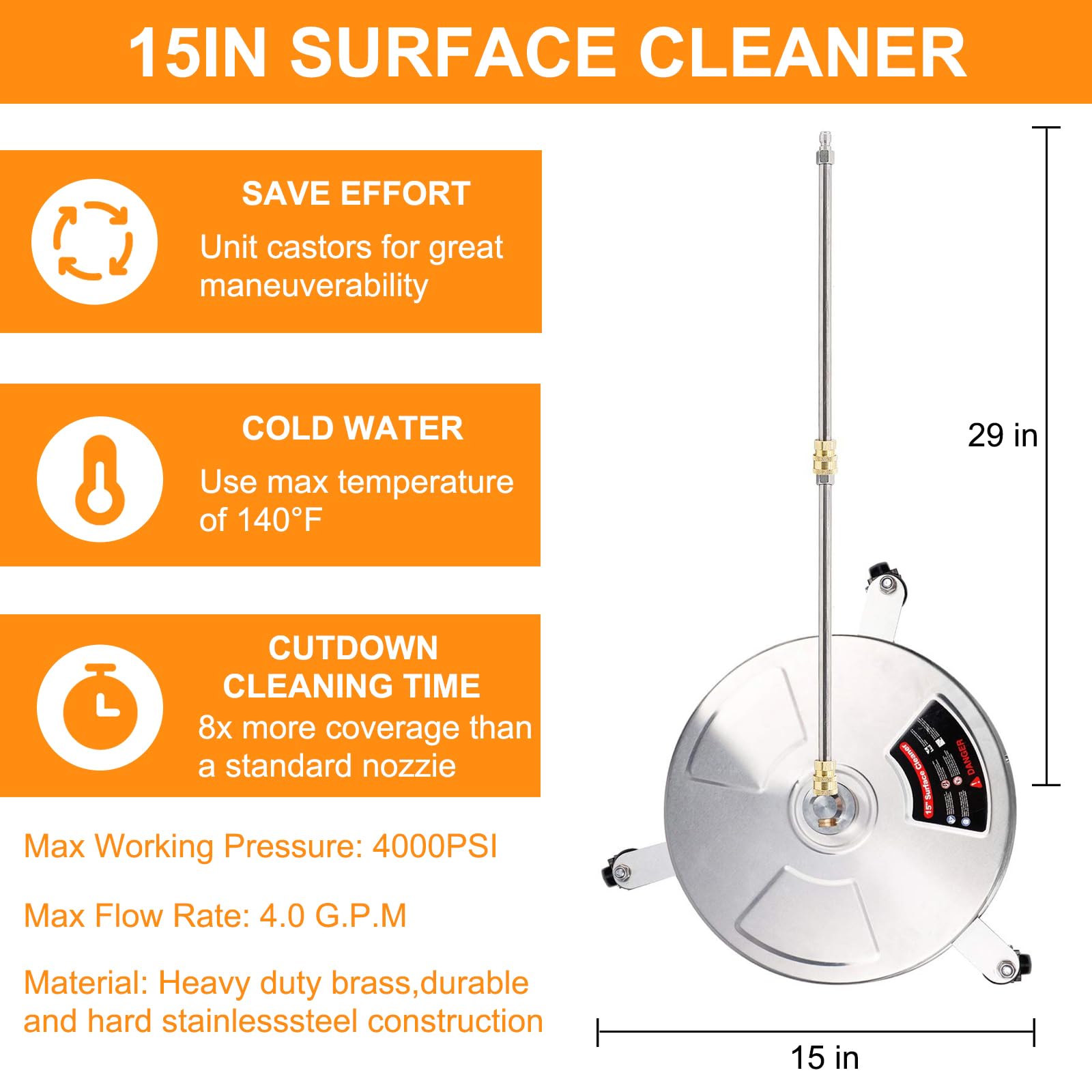 Limpiador de superficies de lavado a presión de 15 pulgadas con 4 ruedas, accesorio de lavadora eléctrica de acero inoxidable para calzadas, aceras, patios, conector rápido de 1/4 pulgadas, 2
