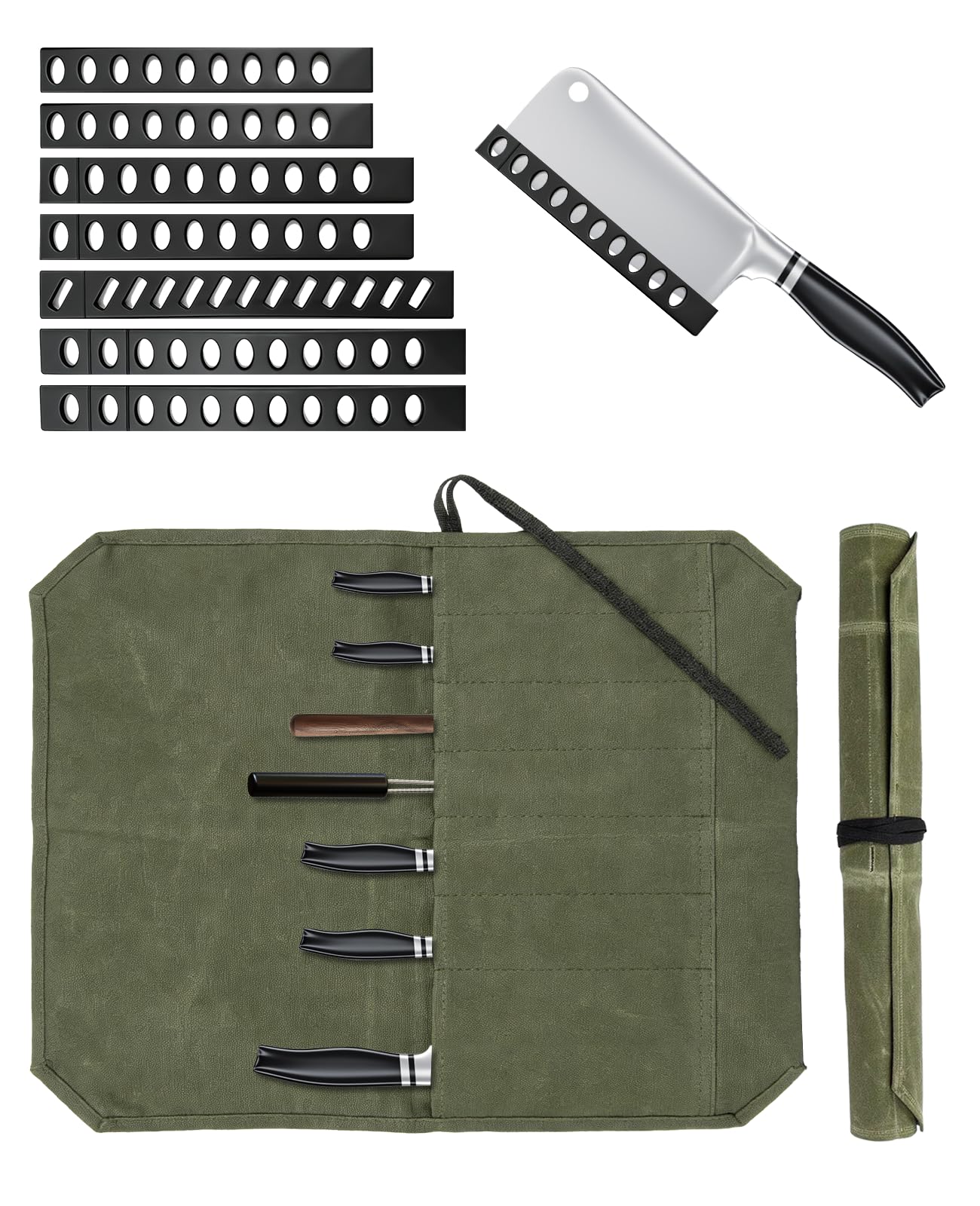 SEESUNO 7-Slot Knife Roll Bag for Chefs, Army Green Waxed Canvas Knife Case