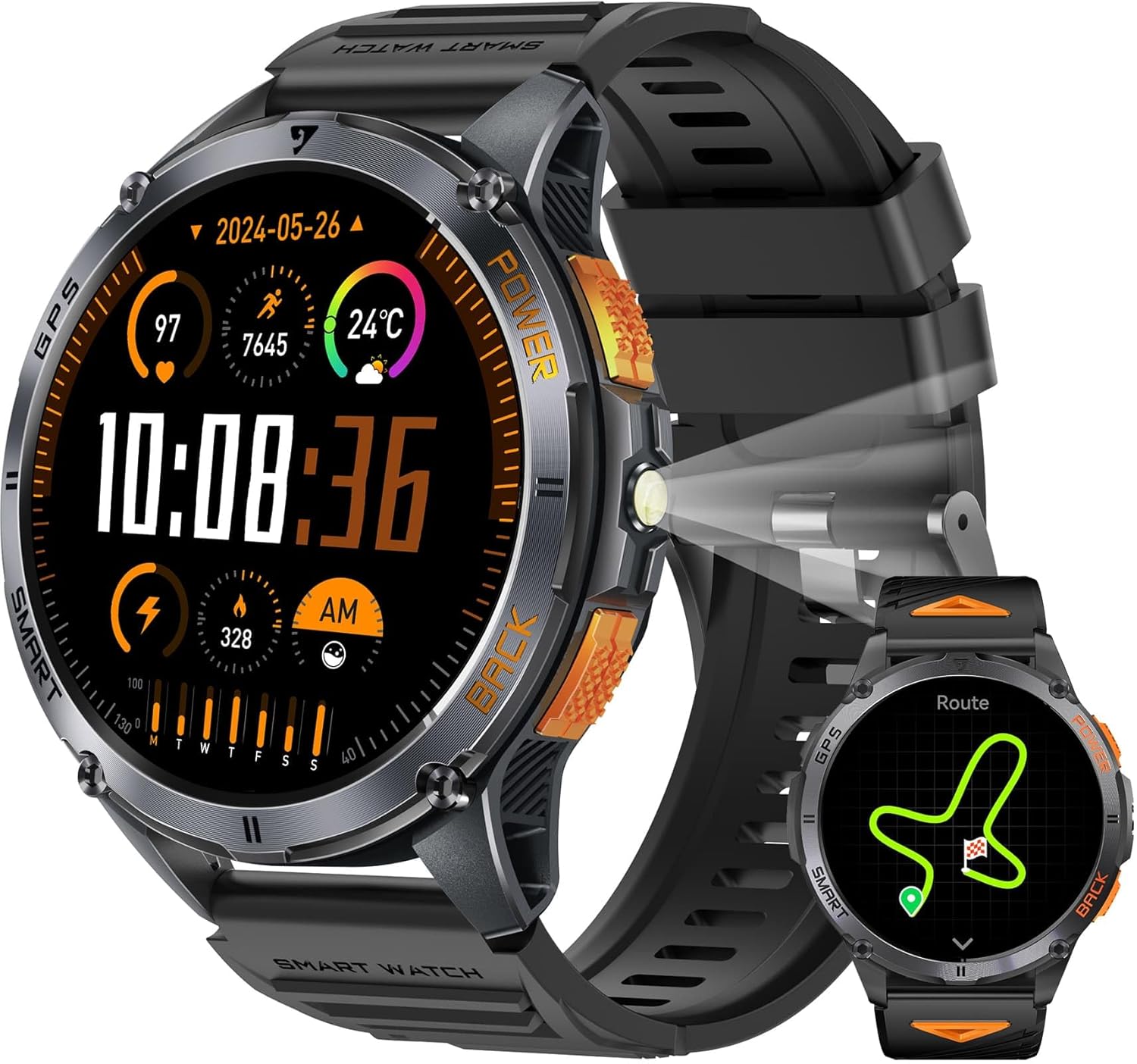 KPEP Military Smart Watches for Men with GPS 1 43 AMOLED 2 Straps LED Flashlight IP68 Waterproof Smartwatch