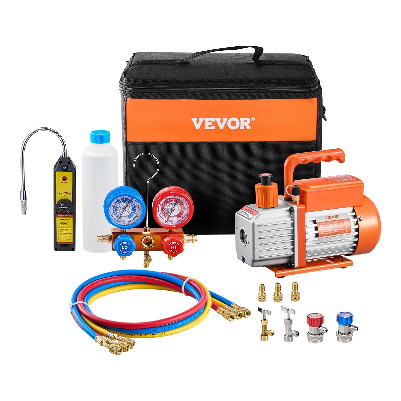 VEVOR Pompa per Vuoto e Manometro AC 2,12L/s, Pompa per Vuoto ad Aria HVAC, Kit Manometro Collettore Refrigerante A/C, con Tubi Rilevatori di Perdite, per R134a, R12, R22, R502a, R410A, R404, R407C