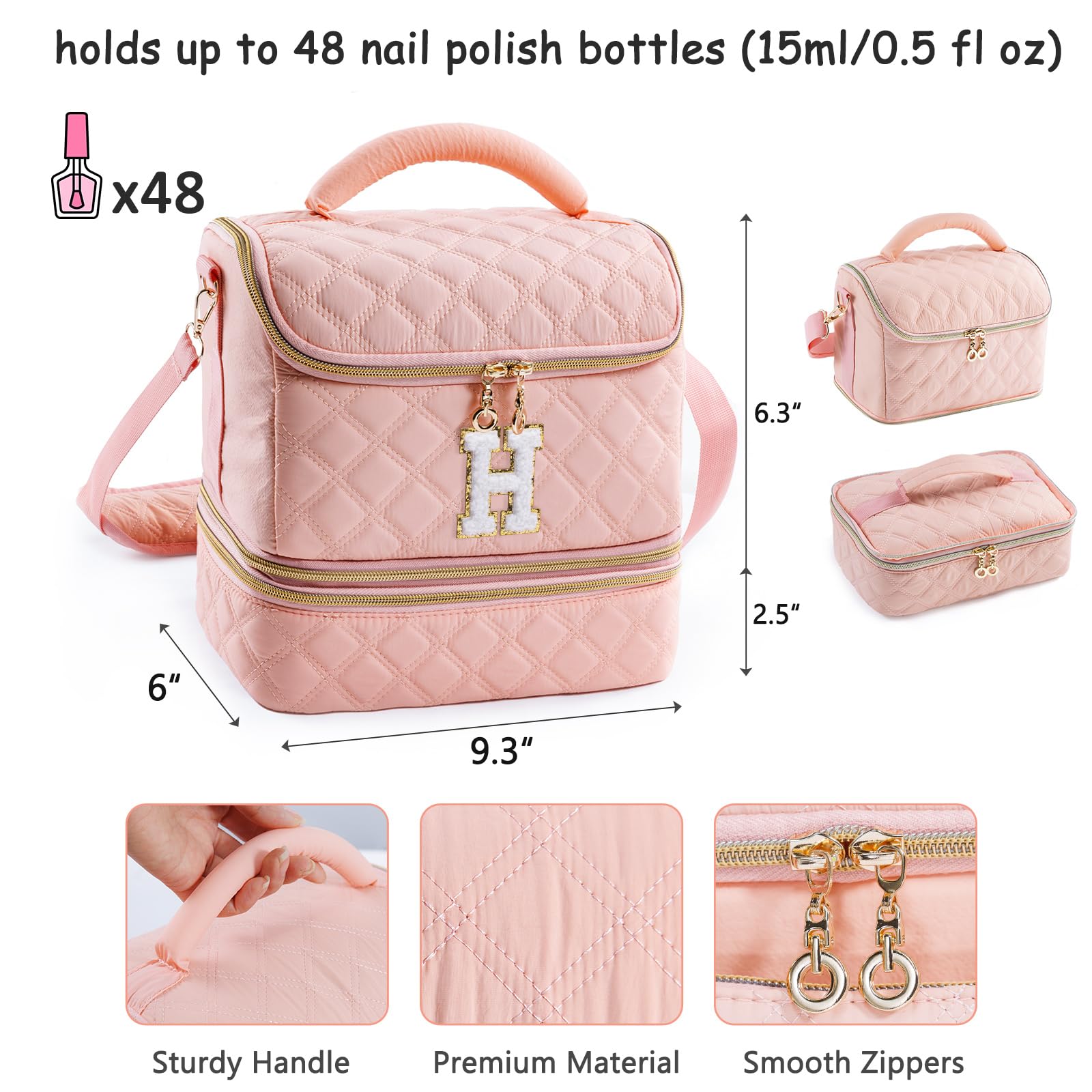 Organizador personalizado de esmalte de uñas con inicial, capacidad para 48 botellas (15 ml), lámpara de uñas y herramientas, bolsa de uñas para organizadores y almacenamiento de uñas, soporte