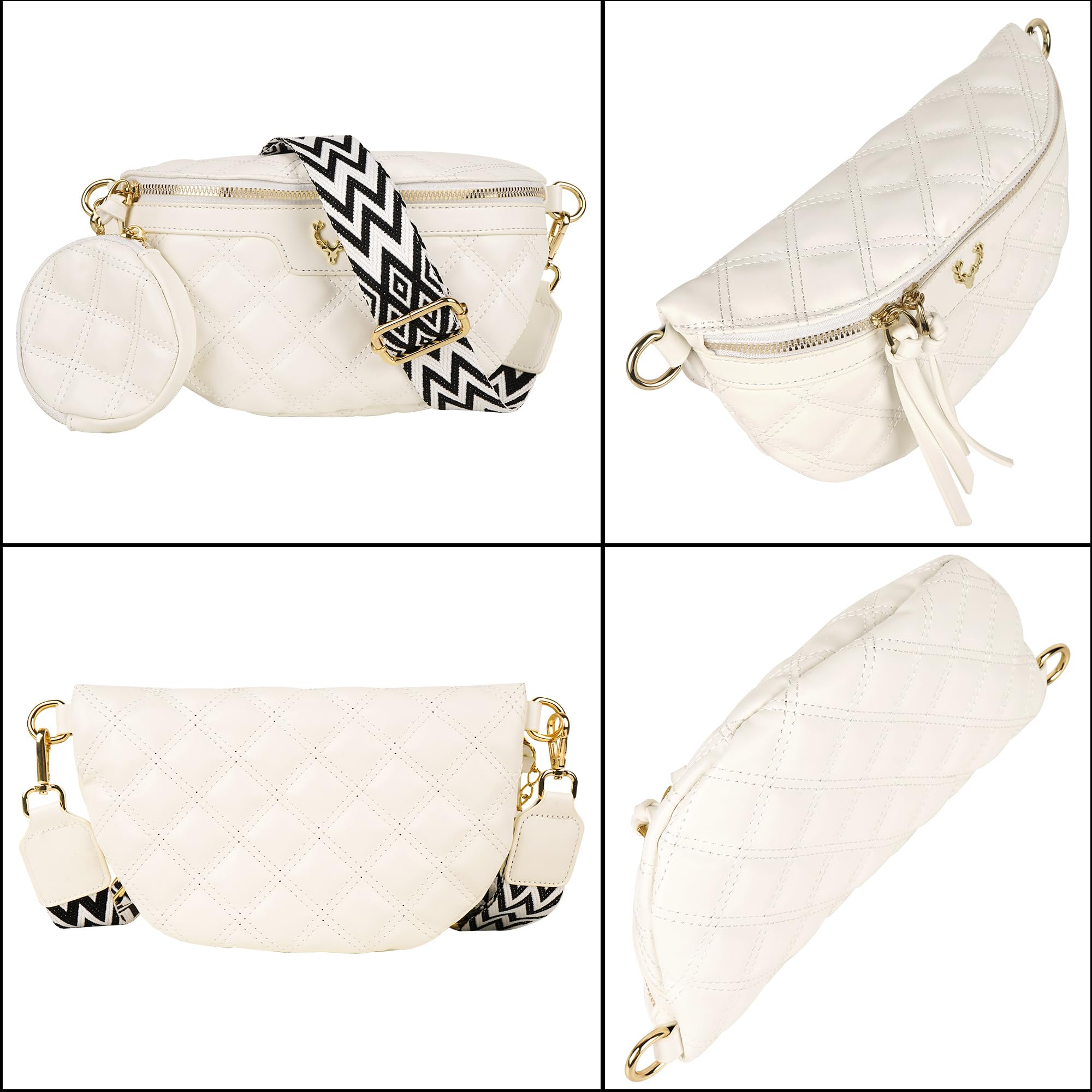 Diamond Sac banane matelassé avec sangle réglable - Blanc - Pour voyage, concert et festival - Sac banane sportif mains libres