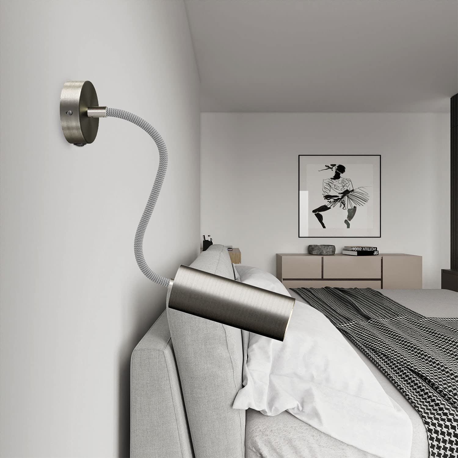 creative cables Lámpara Fermaluce Flex 30 con mini rosetón con interruptor y foco con pantalla Tub-E14 - Con bombilla, Titanio satinado