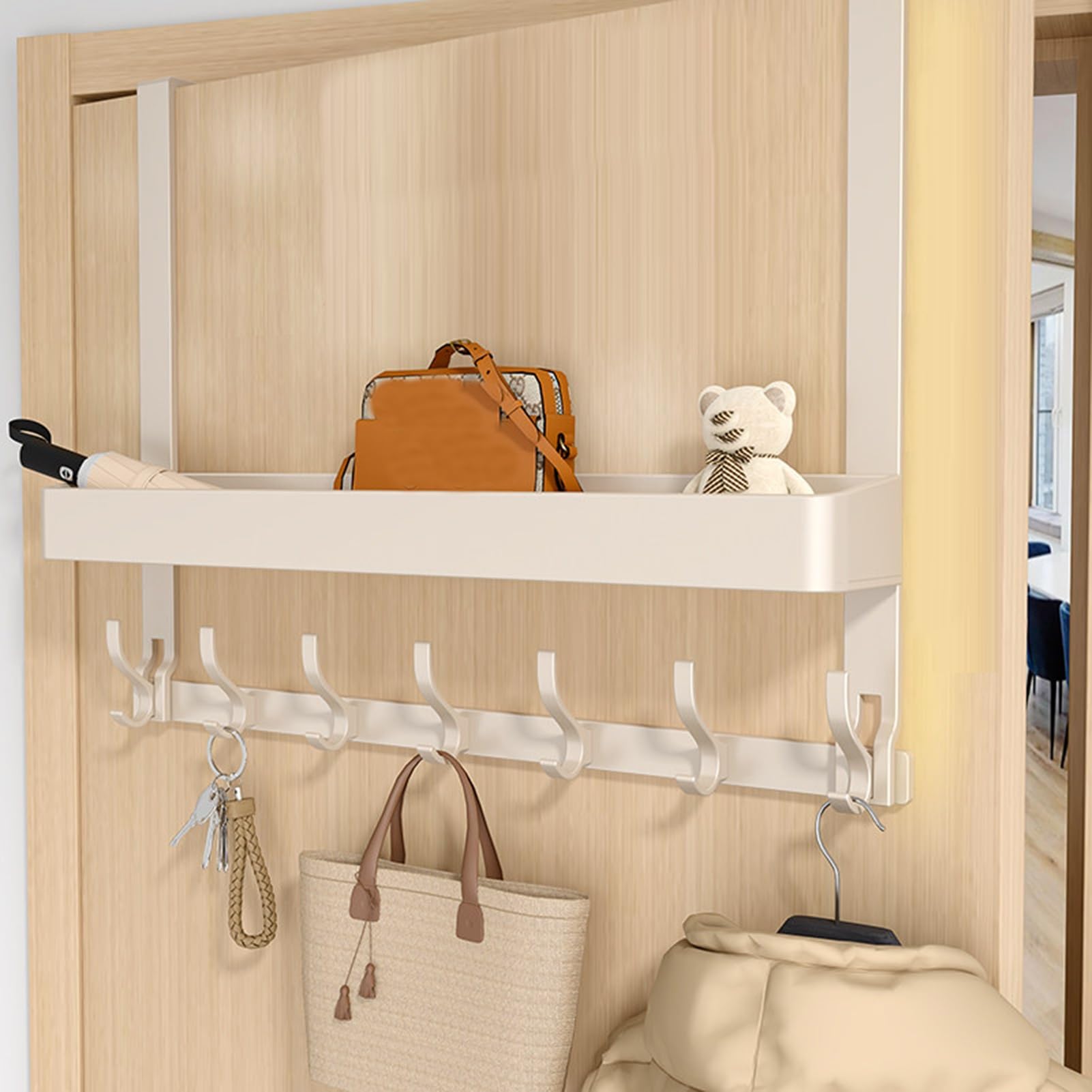 Organizzatore da Appendere alla Porta, Contenitore a Parete per dispensa con Ampio Cestino e 7 Ganci per Bagno, Camera da Letto e Lavanderia.