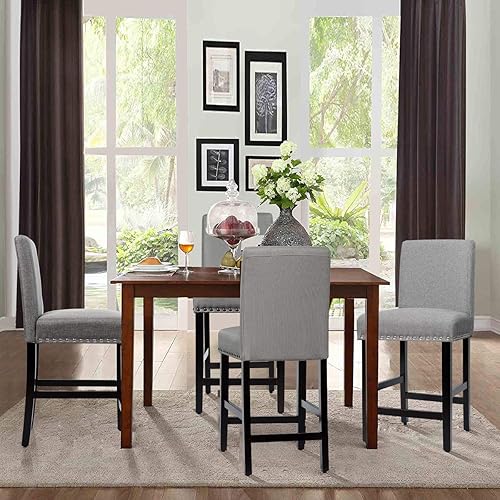 Miniatura 8 de COSTWAY Juego de 2 taburetes de bar tapizados con patas de madera de goma tela de lino transpirable esponja de alta resistencia asiento acolchado