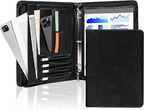 AZXCG Leather Padfolio for Men,Zippered Padfolio with 3 Ring Binder,Business Portfolio Organizer with A4 Writing Pad Holder, Portfolio Binder for Meeting,Gift for Fathers Day