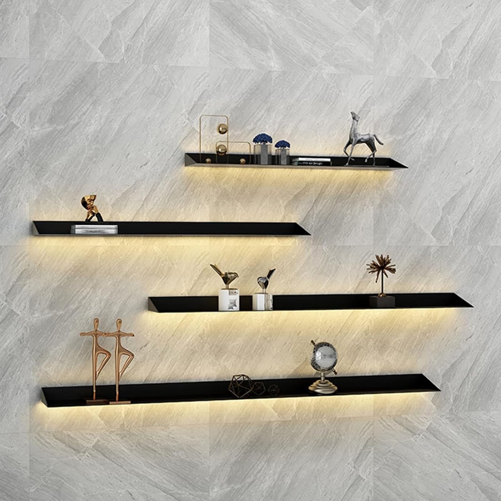 Estante de almacenamiento, estantes de pared flotantes, estantes de exhibición de acero montados en la pared con estantes de doble emisión de luz LED cálida para stand de exhibición (negro-150 cm)