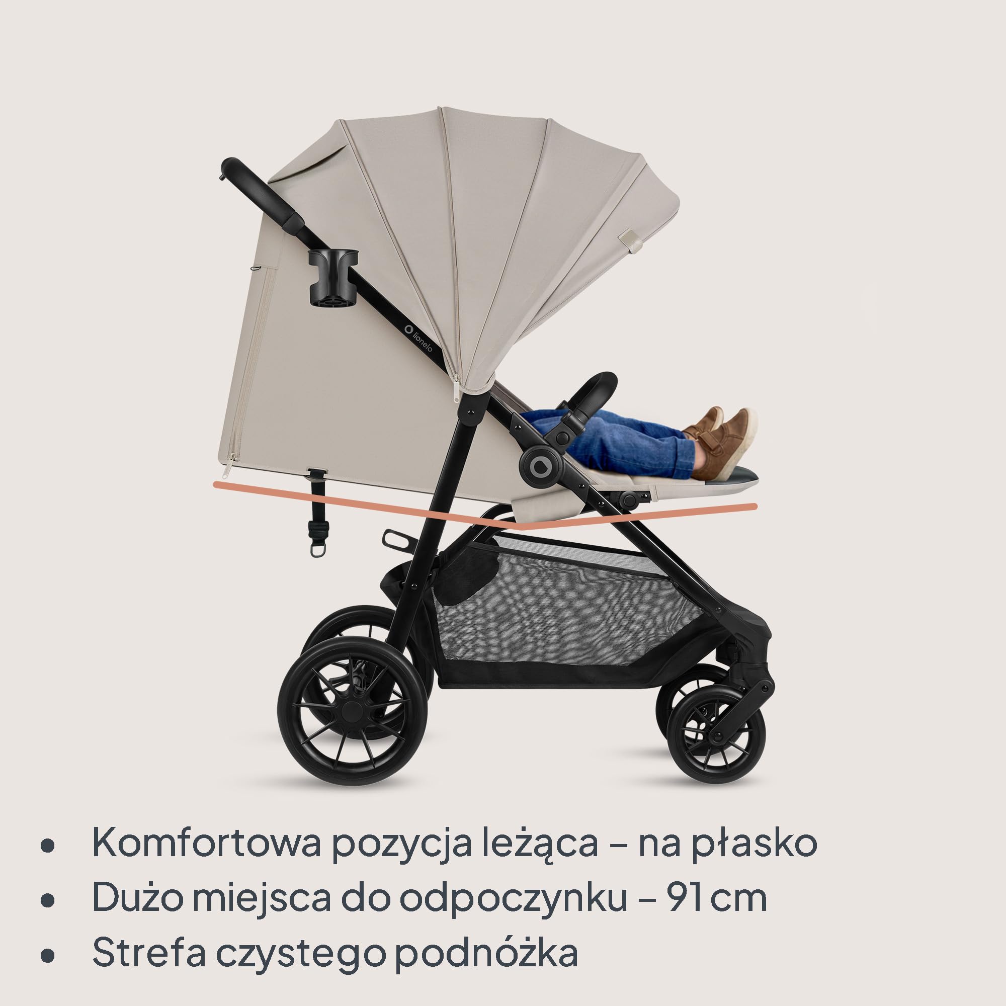 Lionelo Emerald Buggy do 22 kg, 6 miesięcy – 4 lata, koła EVA 360° ze sprężyną, składane jedną ręką, powierzchnia do leżenia 91 cm z regulowanym oparciem, wodoszczelny daszek UPF50+, duży koszyk na