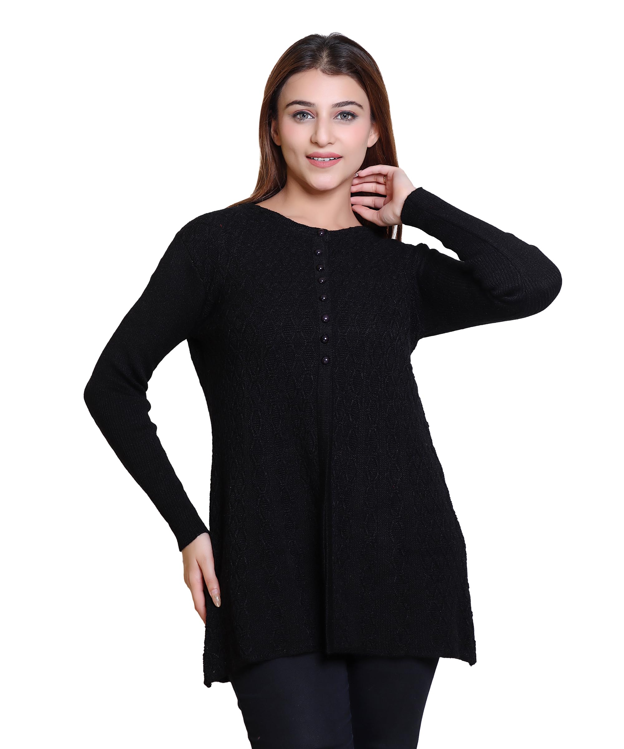 Woollen Women's Long Cardigan(9060BlackXL)-image-34