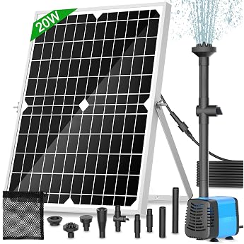 Solar Pond Pump 20 W Solar Fountain Pump with 1325 L/h Flow 5 m Power Cable 4 Spray Patterns & Dirt Trapper Bag - Ideal for Ponds & Water Sites