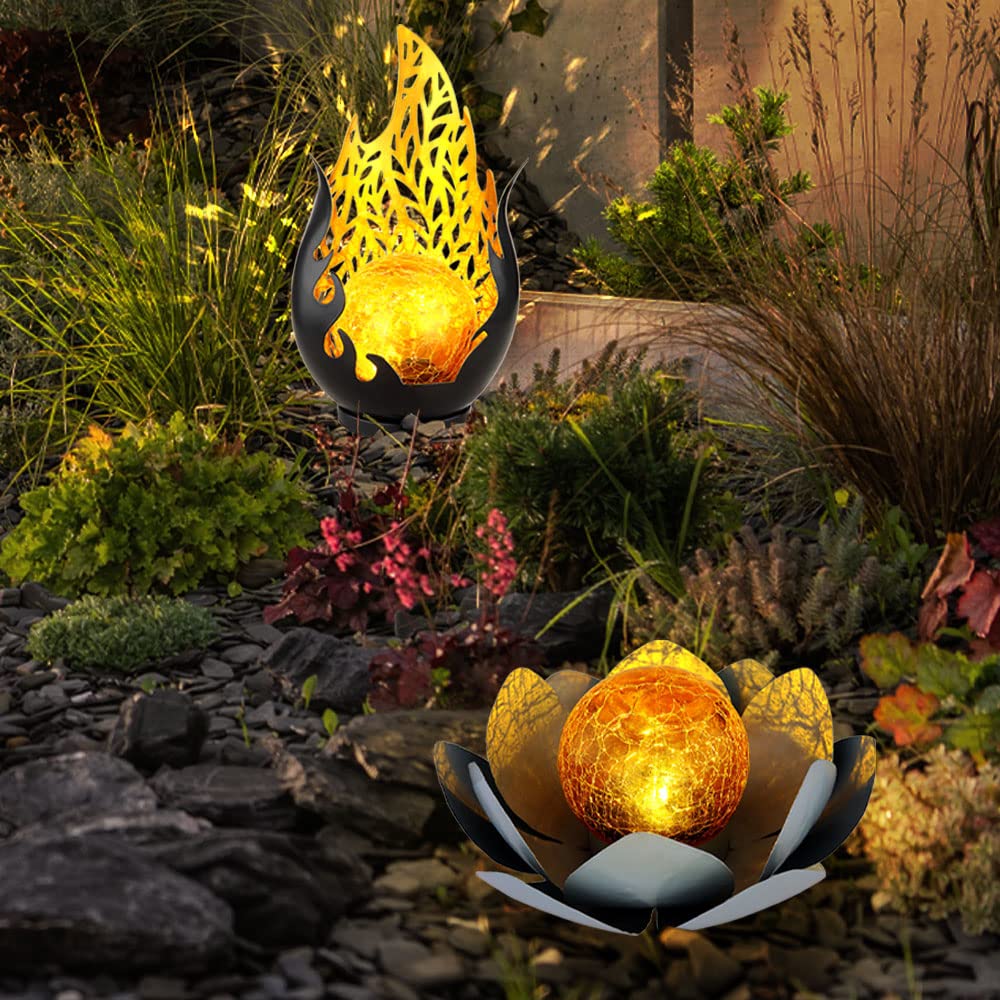 Solarleuchte Flammen Design Außen Solarblume Aussen Lotusblume Solar Crackle Glas, grau, LED Leuchtmittel, 1x Lotusblume 1x Flammen Design, 2er Set