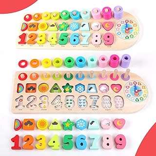 ANPEAC Wooden Puzzles with Learning Clock, Montessori Wooden Puzzle Toy, Educational Game Mathematics for Children, Baby 3 4 5 6 Years, Numbers Shapes Recognise Colours, Gift for Boys Girls