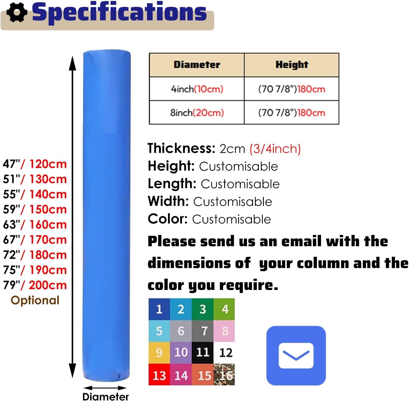Custom Color Round Pole Padding - 4" & 8" Wrap Around Protector for Canopy Poles & Basketball Posts, Weatherproof Garage Cushion (H 67" x Dia 8")