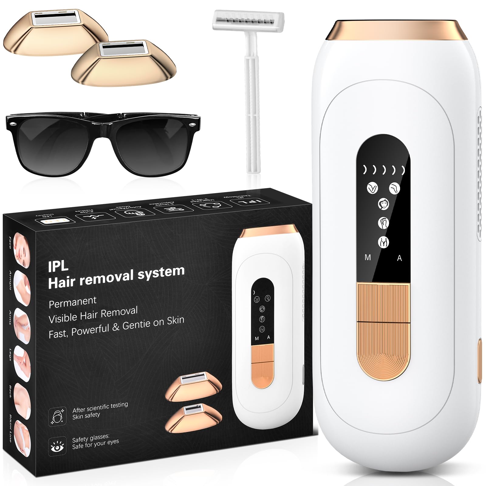 Depiladora Laser con 0,2s Flash rápido, 600NM-1200NM Onda de Luz Roja, Pantalla táctil LCD, 4 en 1 Depiladora Luz Pulsada con 5 Niveles de Energía para manos y piernas, cara, axilas, bikini