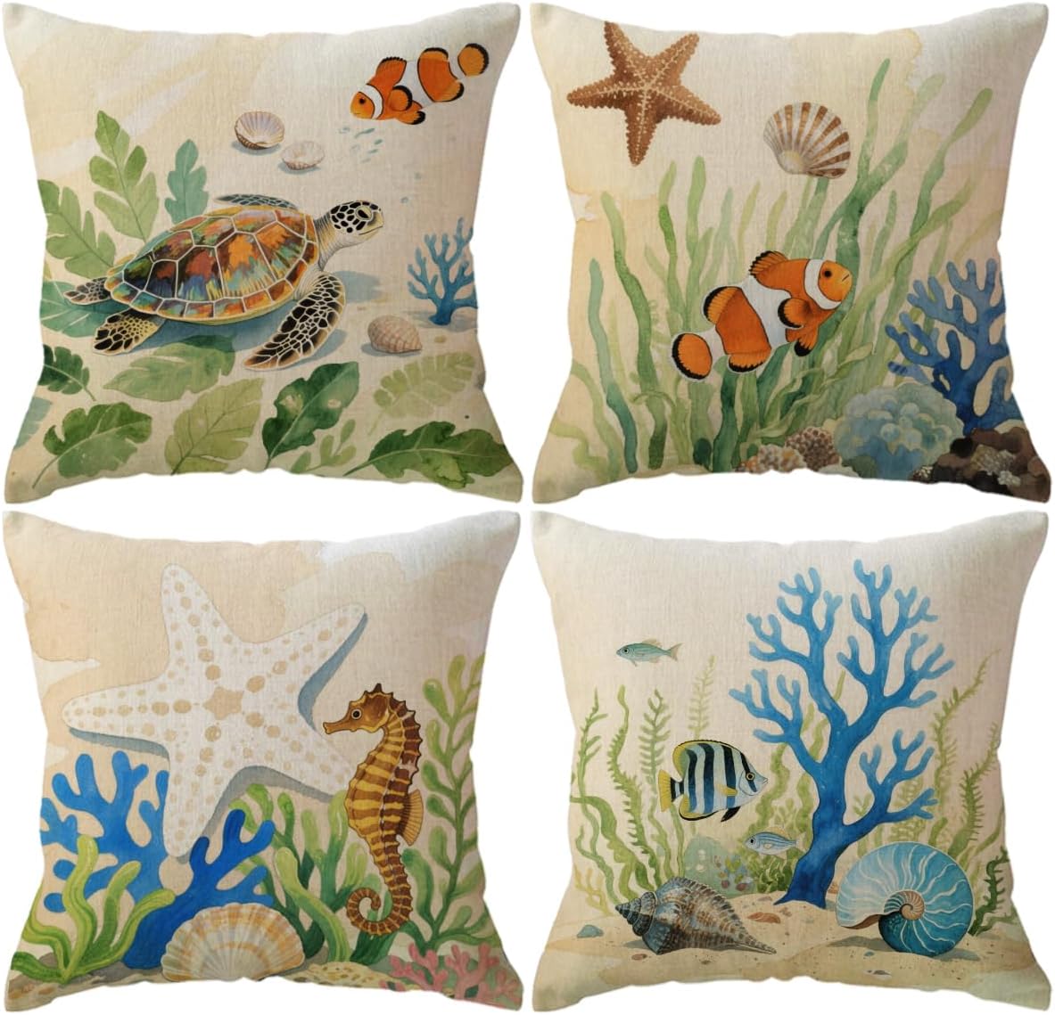ULOVE LOVE YOURSELF Ocean Theme Coastal Pillowcases Sea Turtle-Sea Horse-Seashell-Octopus-Fish-Starfish-Coral Beach Decorative Cushion Cover 18”×18”,4Pack (Yellow)