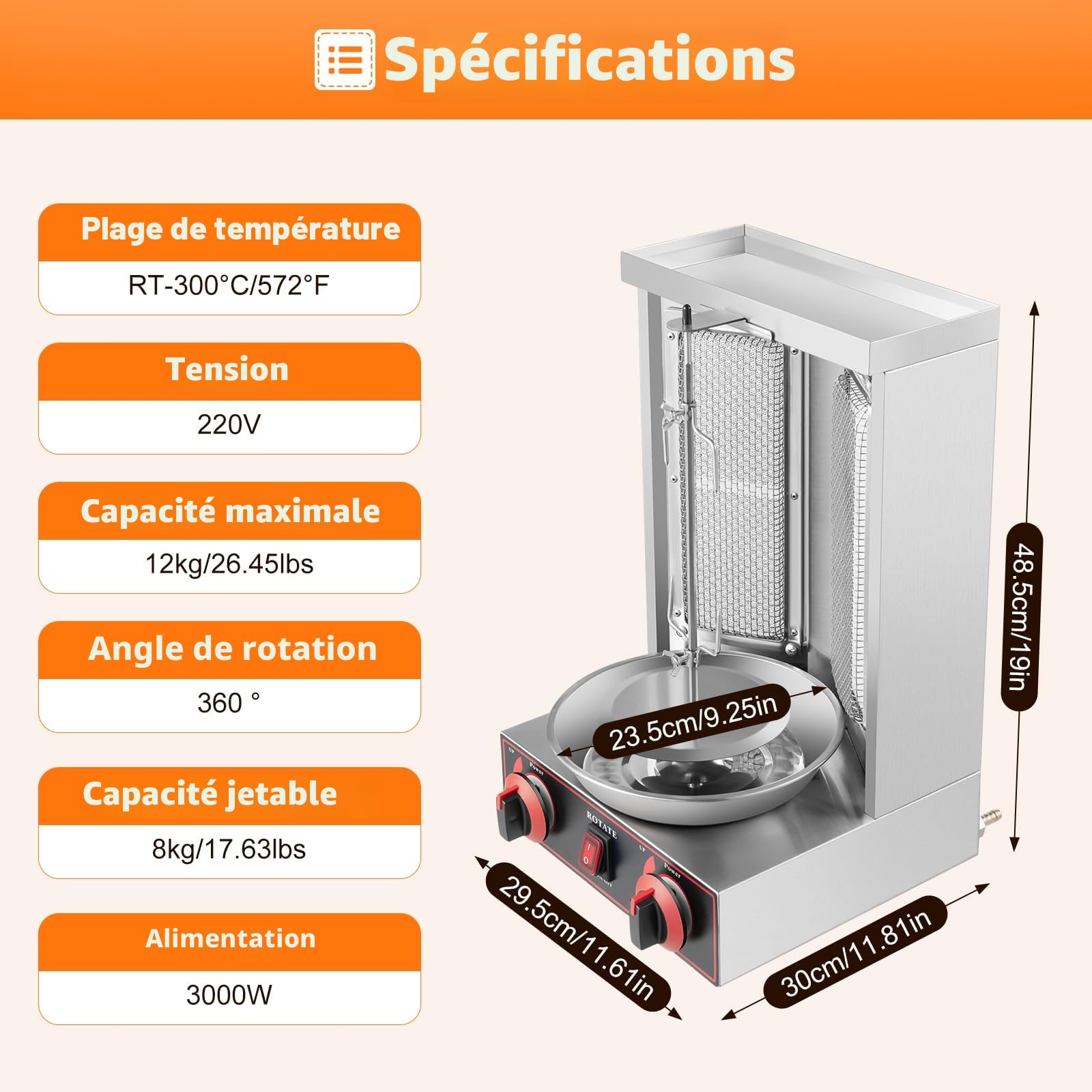 Rôtissoire à poulet verticale gaz 3000 W inox - avec broche kebab - machine kebab professionnelle pour poulet, dinde, tacos - pour hôtels, restaurants et fast-food