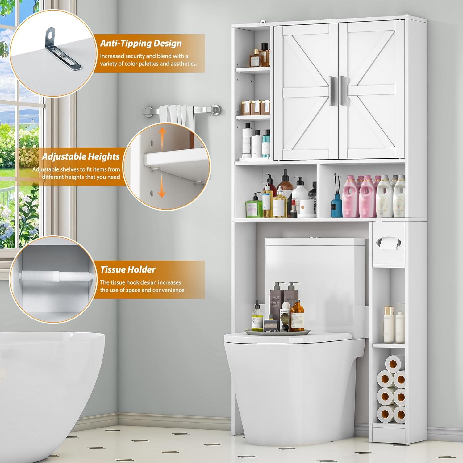 Bigbiglife Over The Toilet Storage Cabinet with 2 Barn Doors & Toilet Paper Holder, Freestanding Adjustable Bathroom Organizer, Space-Saving for Bathroom, Laundry Room (Barn Doors, White)