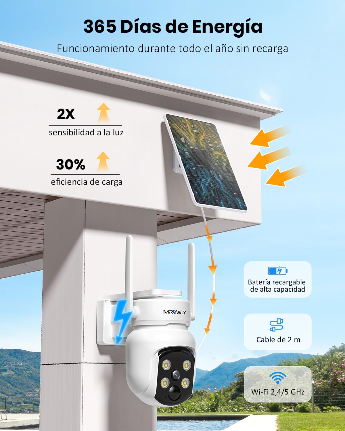 2 Unidades Camara Vigilancia WiFi Exterior Solar 2 en 1, 4MP/2.5K Camara sin Cables, 360° Cobertura, Fácil Instalación, 2.4/5 GHz WiFi, Visión Nocturna en Color, PIR, SD/Nube