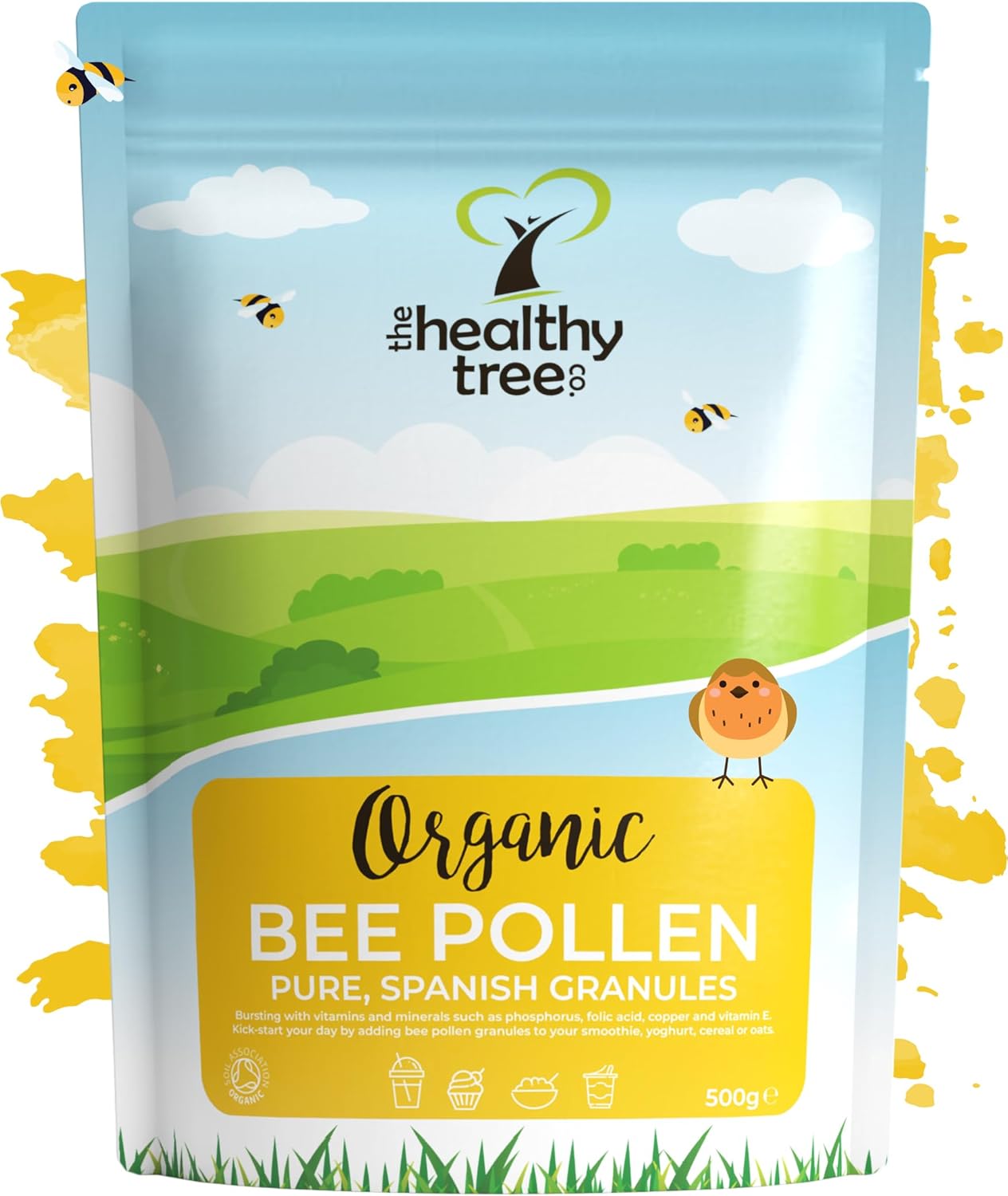 Organic Bee Pollen by TheHealthyTree Company in Recyclable Packaging – Raw, Spanish Bee Pollen Granules 500g