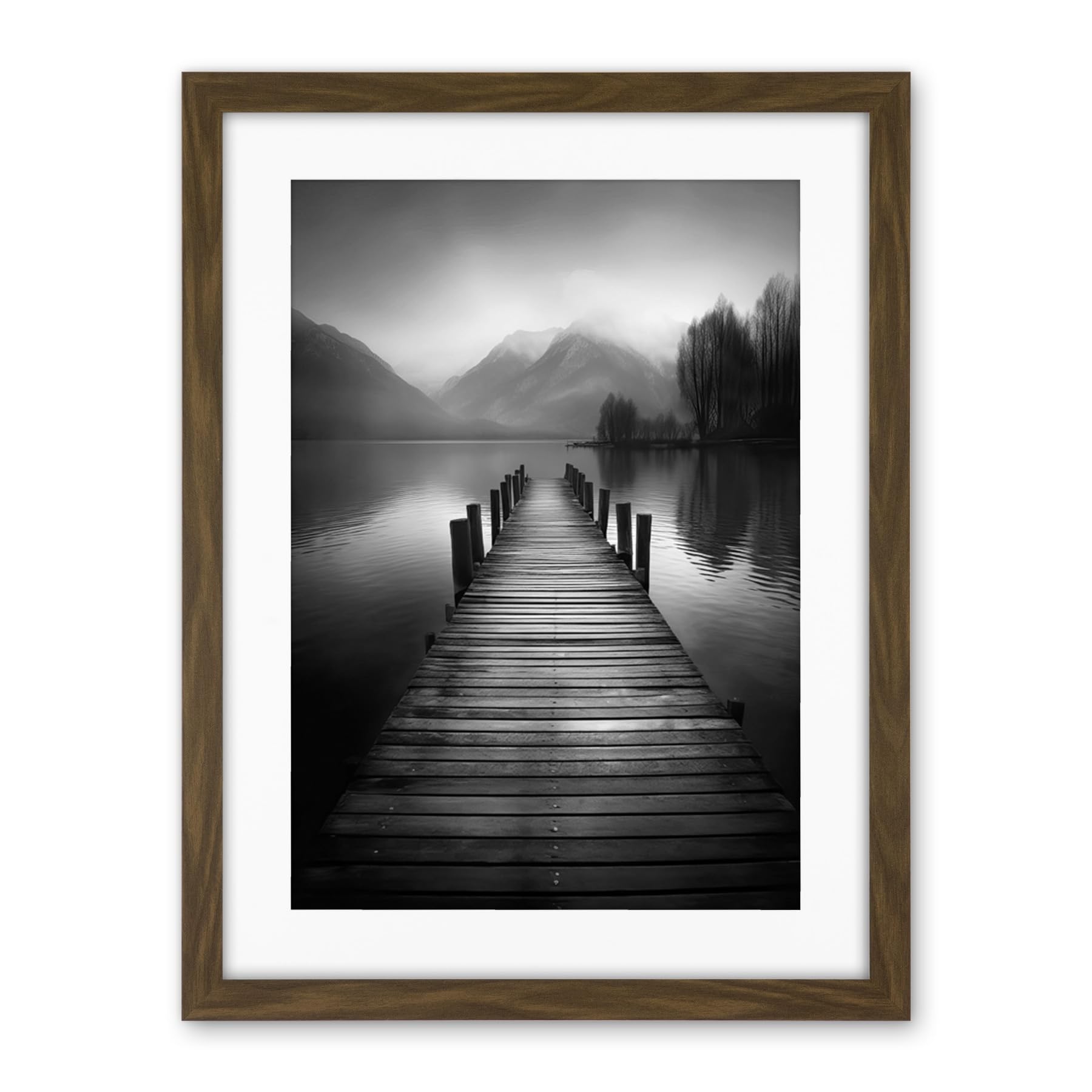 Artery8 Lake Pier Mountain Landscape Black and White Photo Artwork Framed Wall Art Print 18X24 Inch