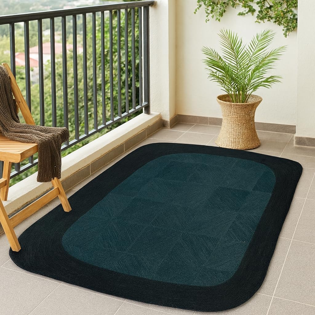 Rectangular Area Rug - 10x18 Feet Hand Woven Jute Rug Thick 0.27" Solid Blue & Black Border Rugs for Dining Room Farmhouse Design Outdoor Decorative Floor Carpet