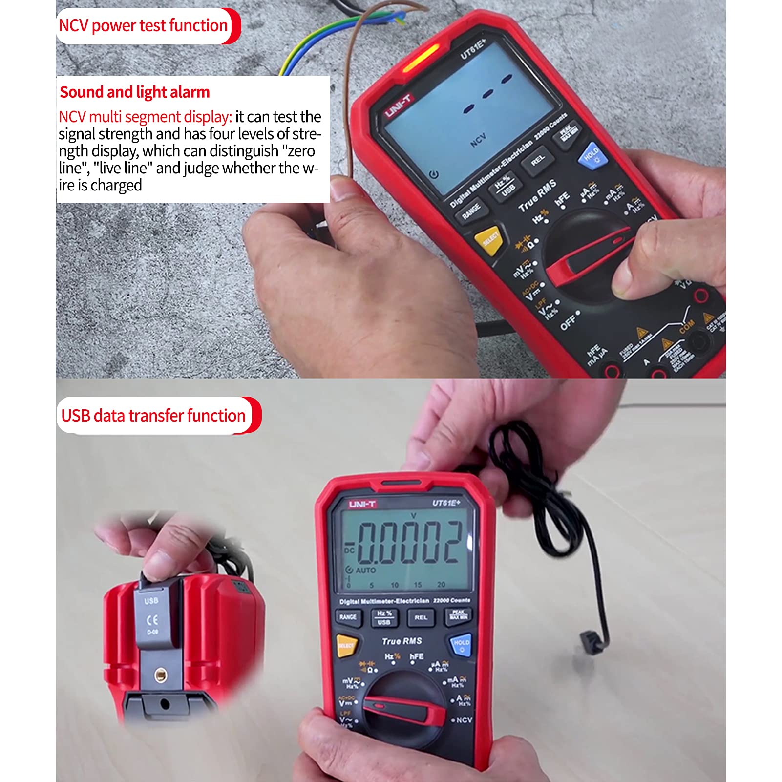 BuyWeek Digital Multimeter, UT61E+ AC DC Spannungsprüfer Strommessgerät USB Übertragung LCD Anzeige AC DC Spannungs Strom Widerstand Kapazität Frequenzprüfgerät