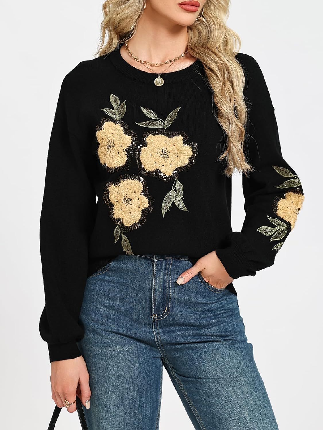 Women Floral Sweaters Fall Cute Long Sleeve Crew Neck Pullover Sweater Casual Knit Trendy Tops - Image 4