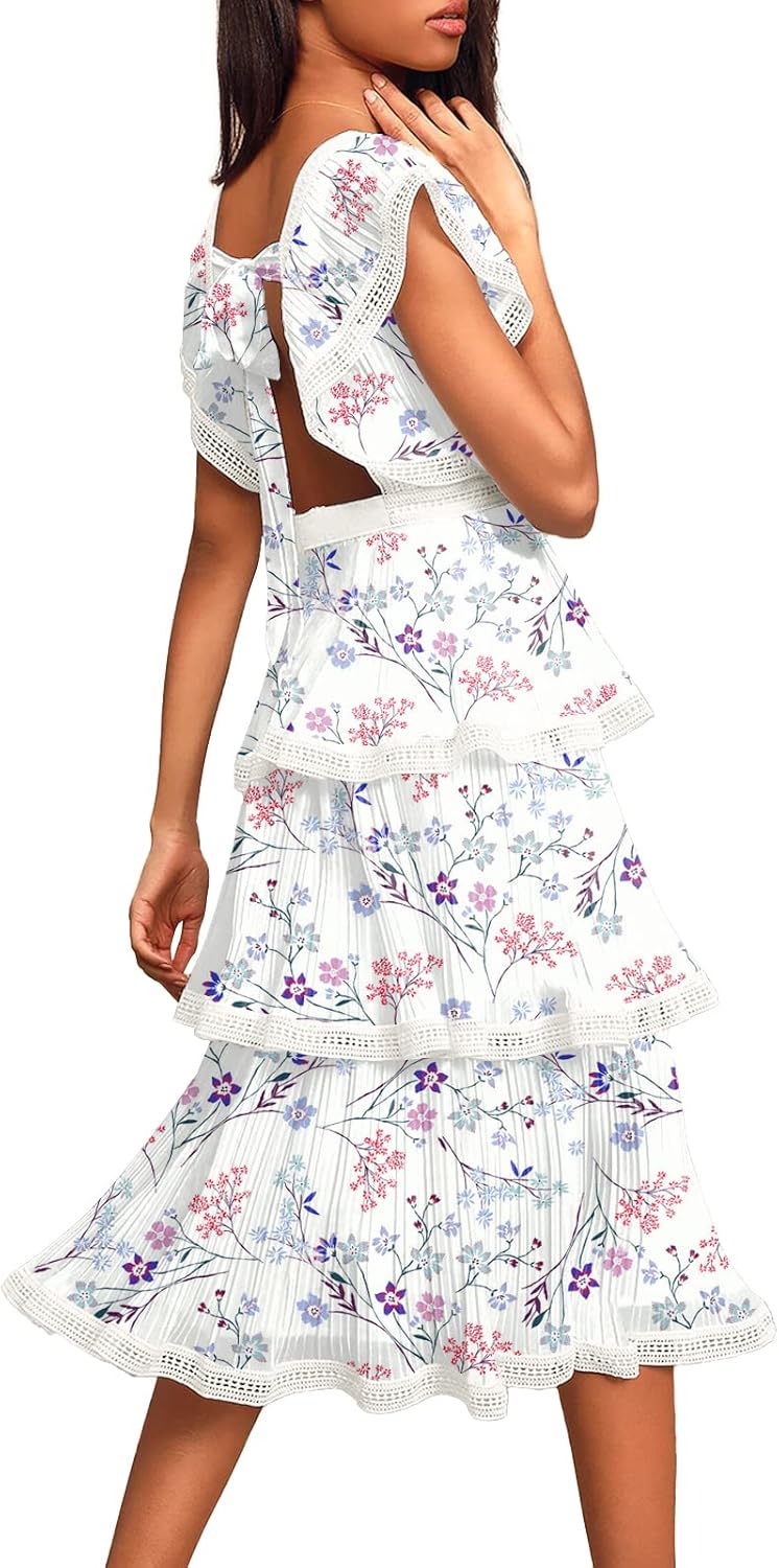 ETCYY Women's Summer Ruffle Dress Tiered Layed Chiffon Lace Short Sleeve Boho Floral Print Party Wedding Guest Maxi Dresses - Image 2