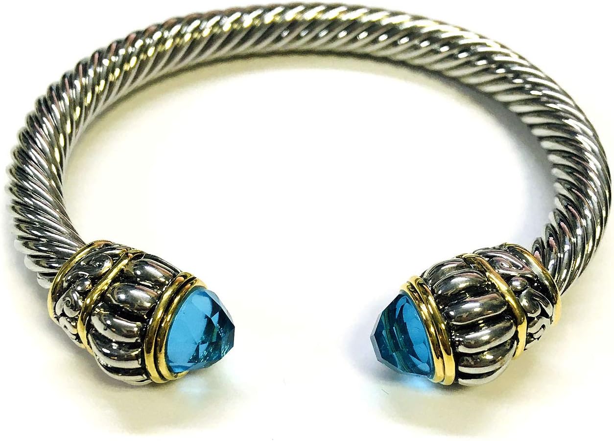 Two Tone 7mm Rope Twist Wire Rhodium Plated Bangle Bracelet with Aquamarine Cubic Zirconia Crystal Large Stone