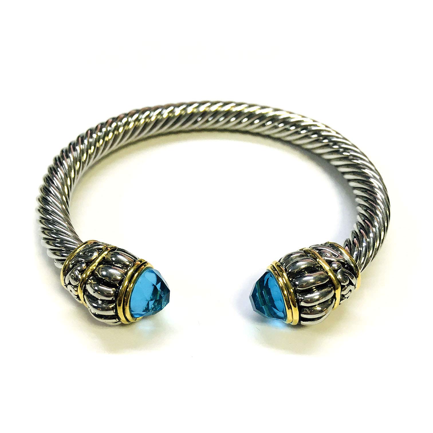 Two Tone 7mm Rope Twist Wire Rhodium Plated Bangle Bracelet with Aquamarine Cubic Zirconia Crystal Large Stone