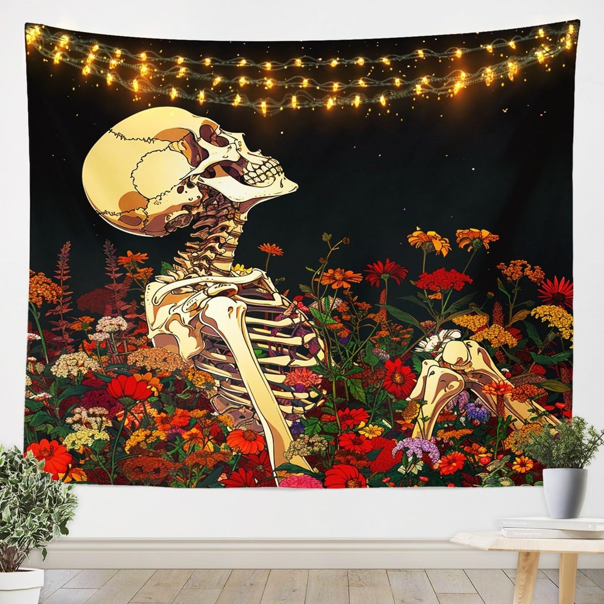 Castle Fairy Boho Skeleton Tapestry,Retro Floral Garden Wall Hanging Art,Romantic Starry Sky Night Wall Blanket for Kids Girls Boys Teens Room Decor,Colorful Exotic Porch Hangings,70.9x92.5