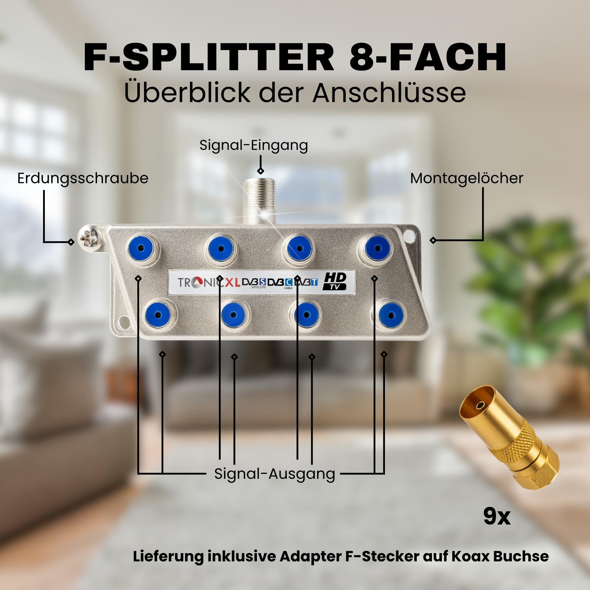 TronicXL Répartiteur d'antenne coaxial 8 voies haut de gamme HD 3D 4K répartiteur souple par exemple pour DVBT DVBT2 DVBC SAT Unicable TV par câble Télécommande 8 voies HDTV TNT