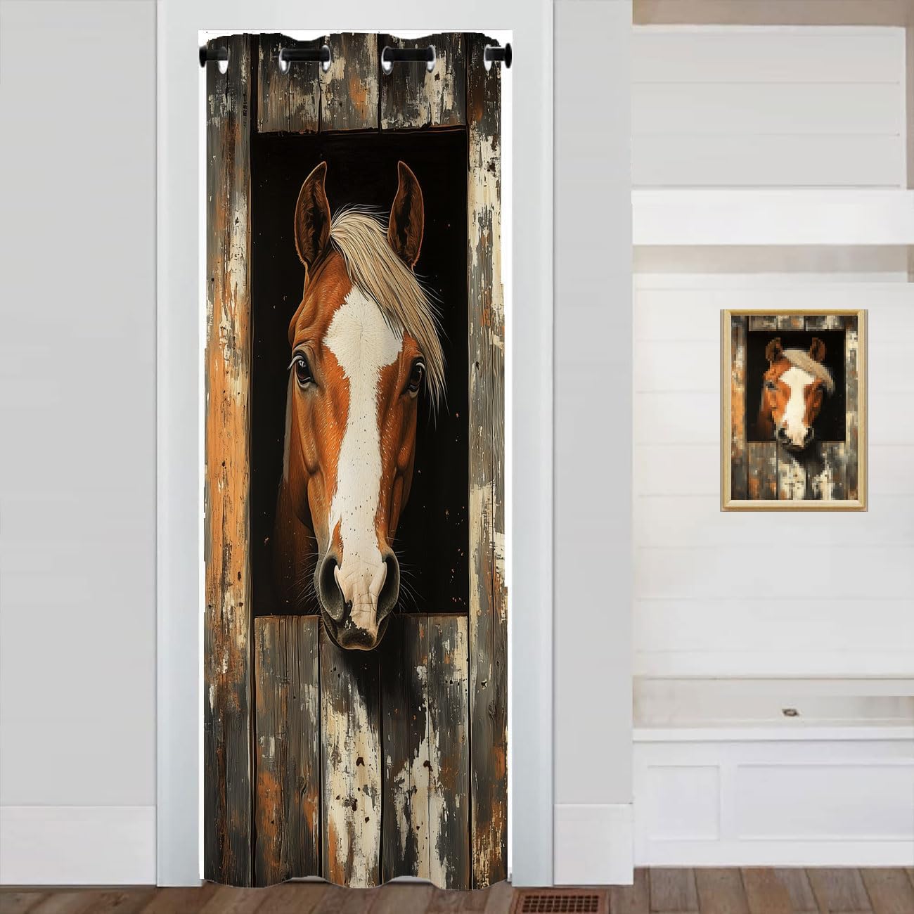Horse Barn Door Door Curtain Farmhouse Brown Horse Wooden Barn Door Decor Door Curtain for Bedroom Living Room Closet Door, 1 Panel 34" W X 80" L