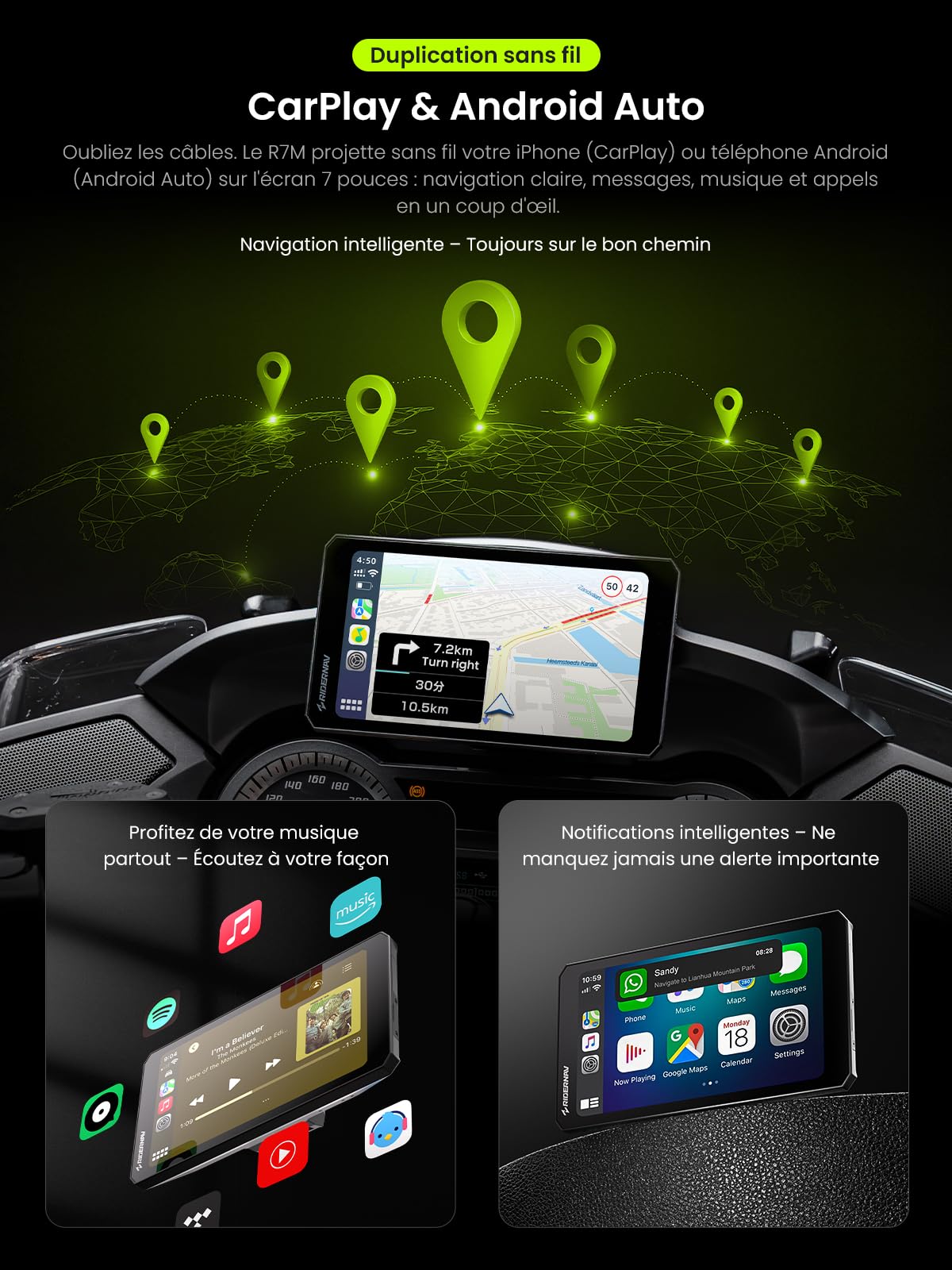R7M 7" CarPlay et Android Auto sans Fil pour Motos BMW - Commande Native Wonder Wheel & Action Camera | Lecture des Données en Temps Réel (TPMS/RPM) | Mises à Jour OTA | GPS IP69K | Nav Pre