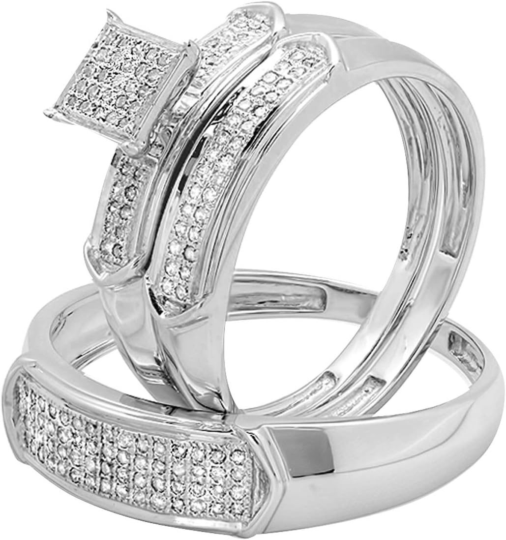 Dazzlingrock Collection 0.33 Carat (Cttw) 10K Round White Diamond Men's & Women's Micropave Engagement Trio Ring Set 1/, Solid White Gold