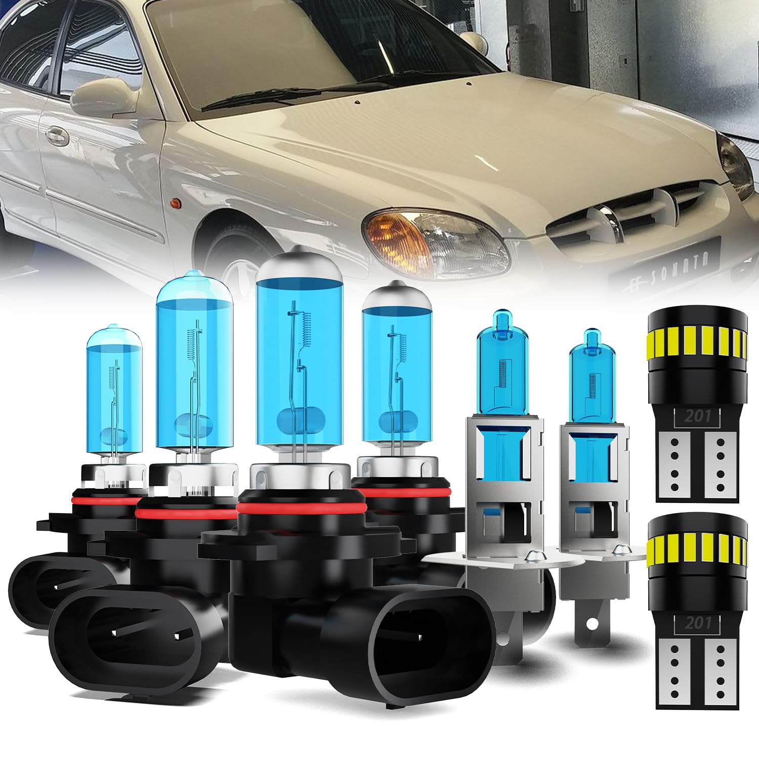 Headlight Bulbs License Plate Lights Fit For Hyundai Sonata 1997-1998, 9005 High Beam + 9006 Low Beam + H1 Fog Lights Halogen Light Bulb + License Plate Lights, Pack of 8