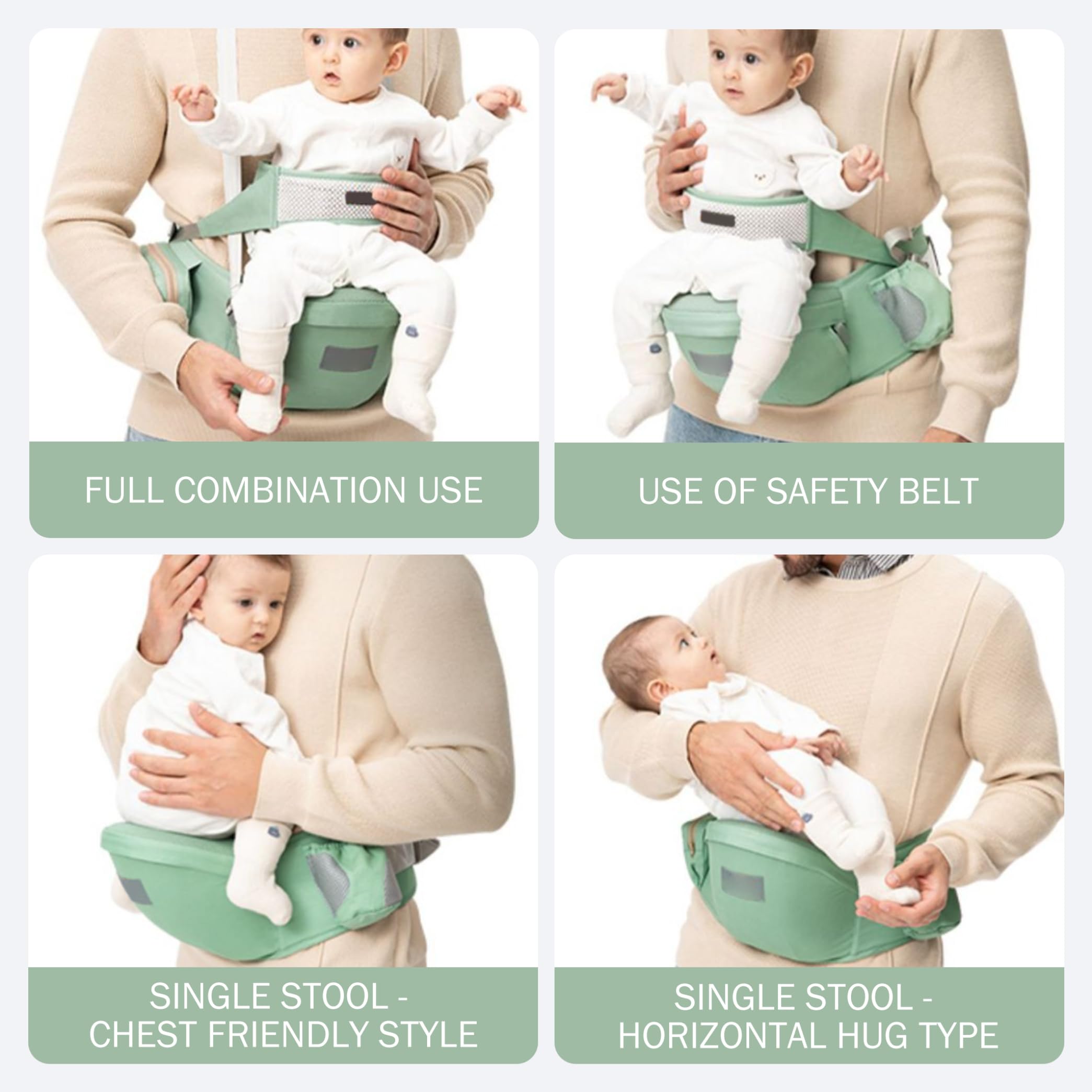 Porte-bébé ergonomique avec poches de rangement, siège respirant pour tout-petit, vert menthe